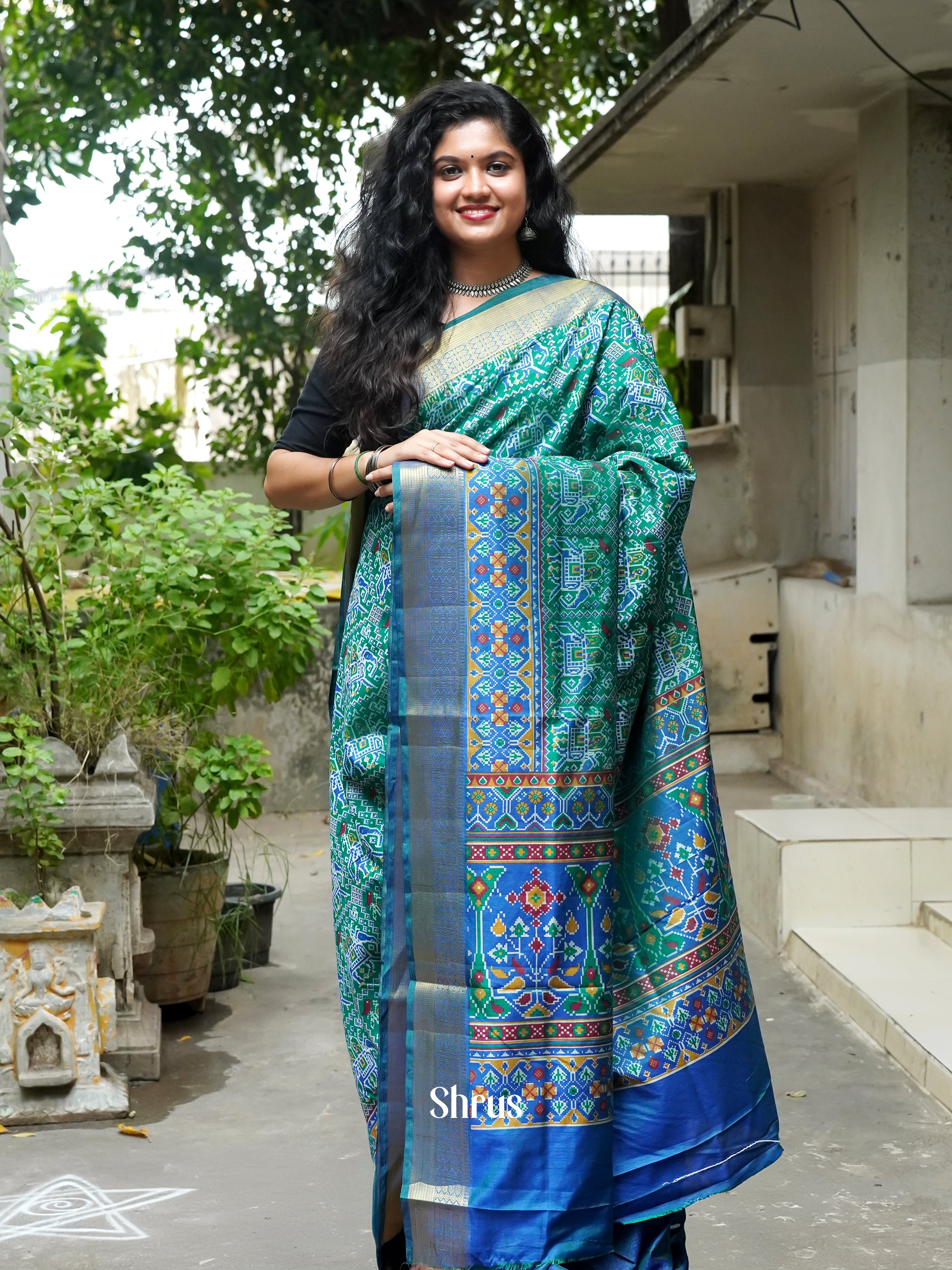 Green & Blue- Semi Patola Saree - Shop on ShrusEternity.com