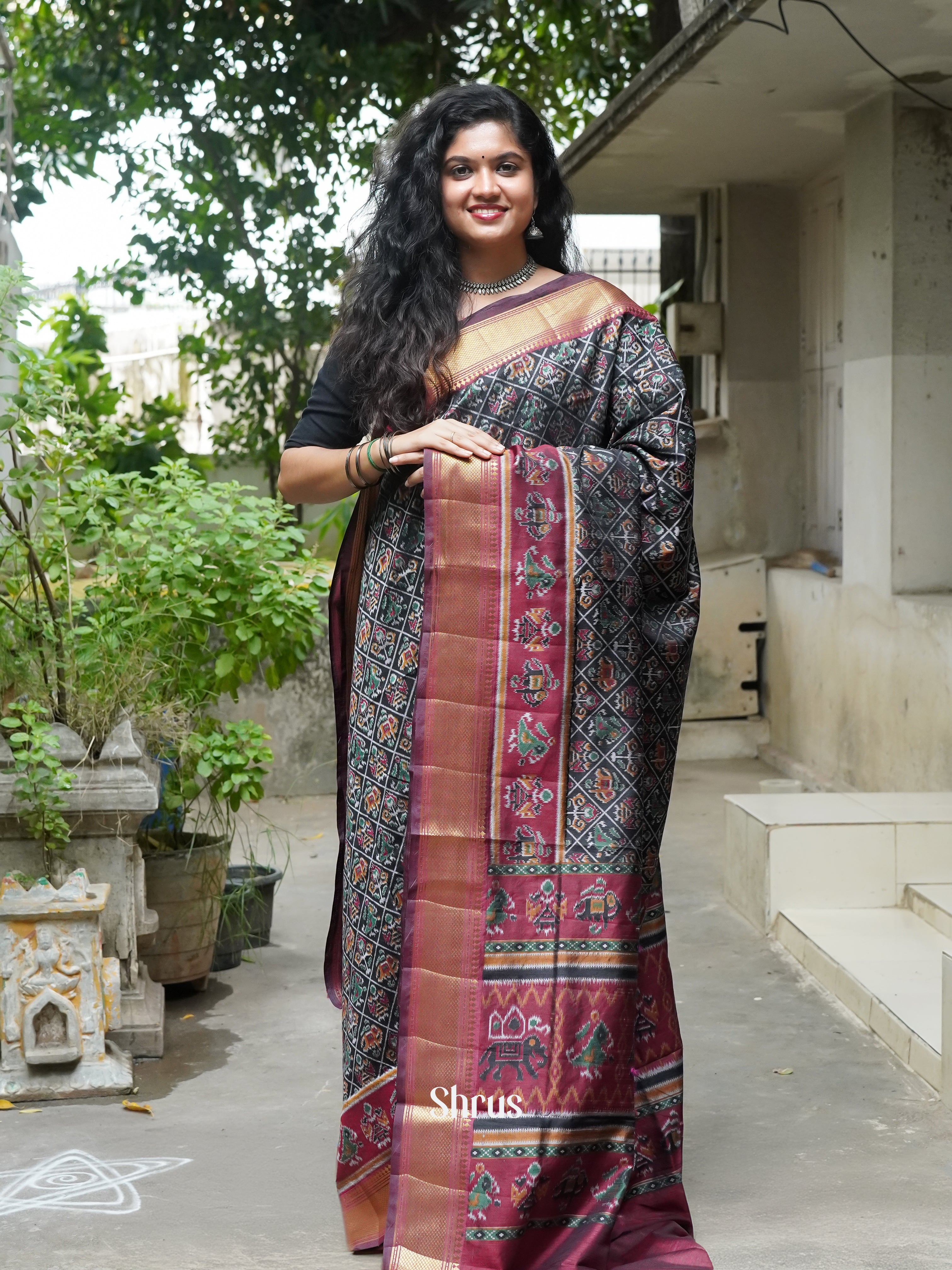Black & Maroon - Semi Patola Saree - Shop on ShrusEternity.com