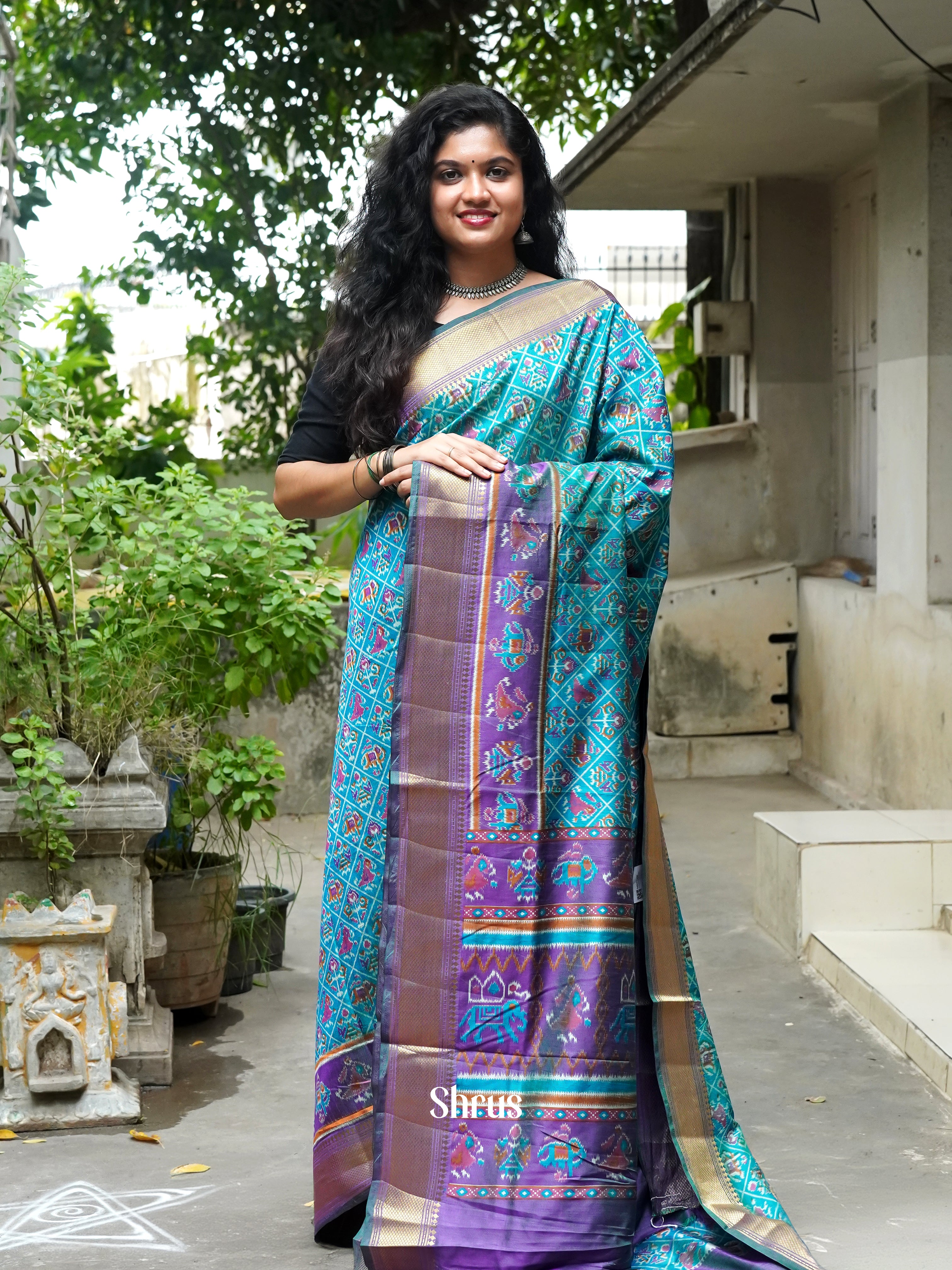Teal & Purple - Semi Patola Saree - Shop on ShrusEternity.com
