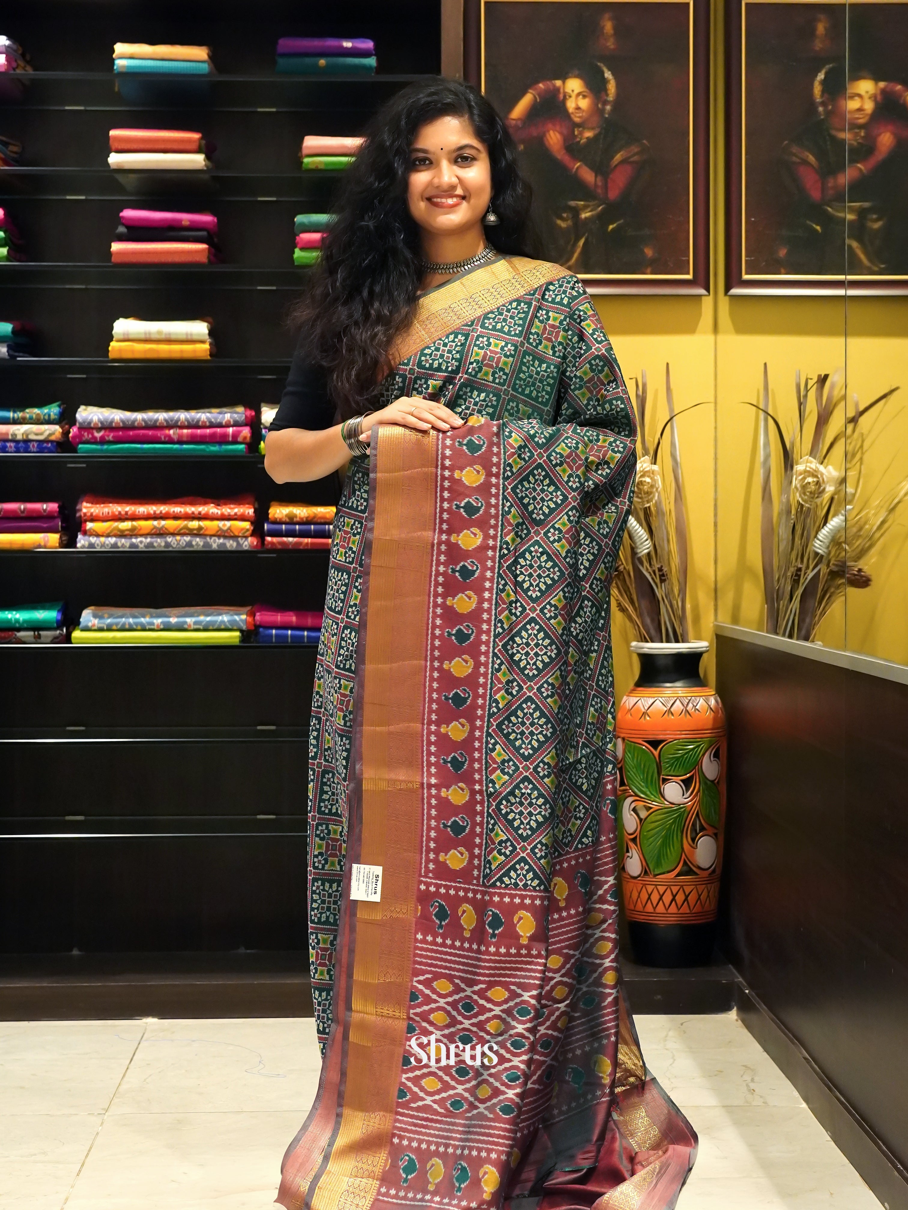Green & Brown- Semi Patola Saree - Shop on ShrusEternity.com