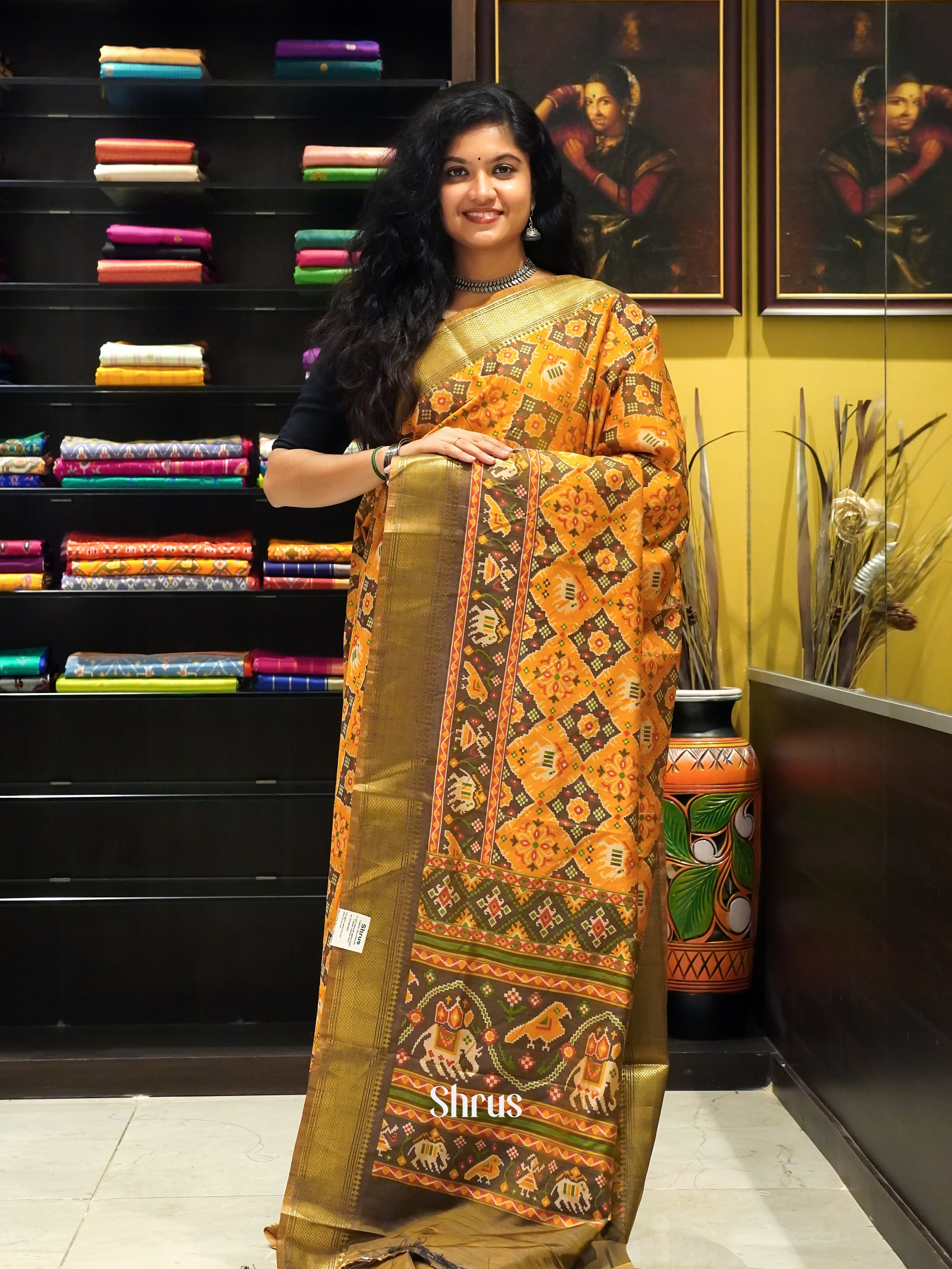 Mustard & Green - Semi Patola Saree - Shop on ShrusEternity.com