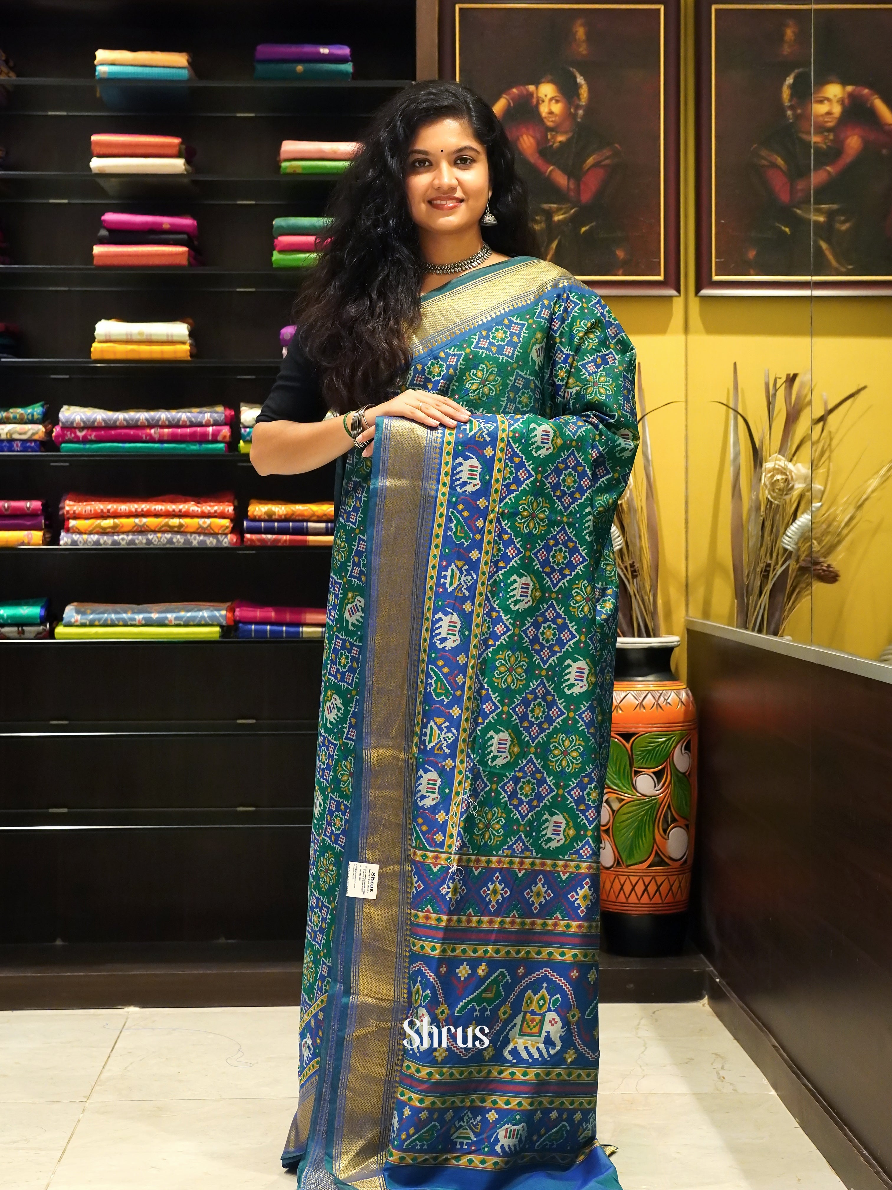 Green & Blue - Semi Patola Saree - Shop on ShrusEternity.com