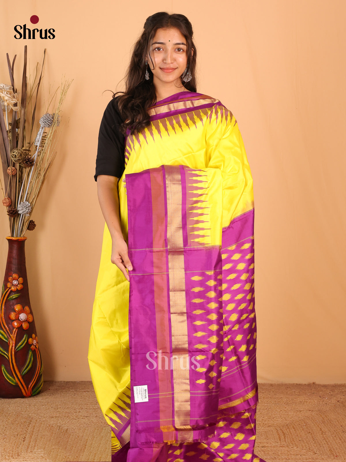 Yellow & Purple - Ikkat Silk Saree - Shop on ShrusEternity.com