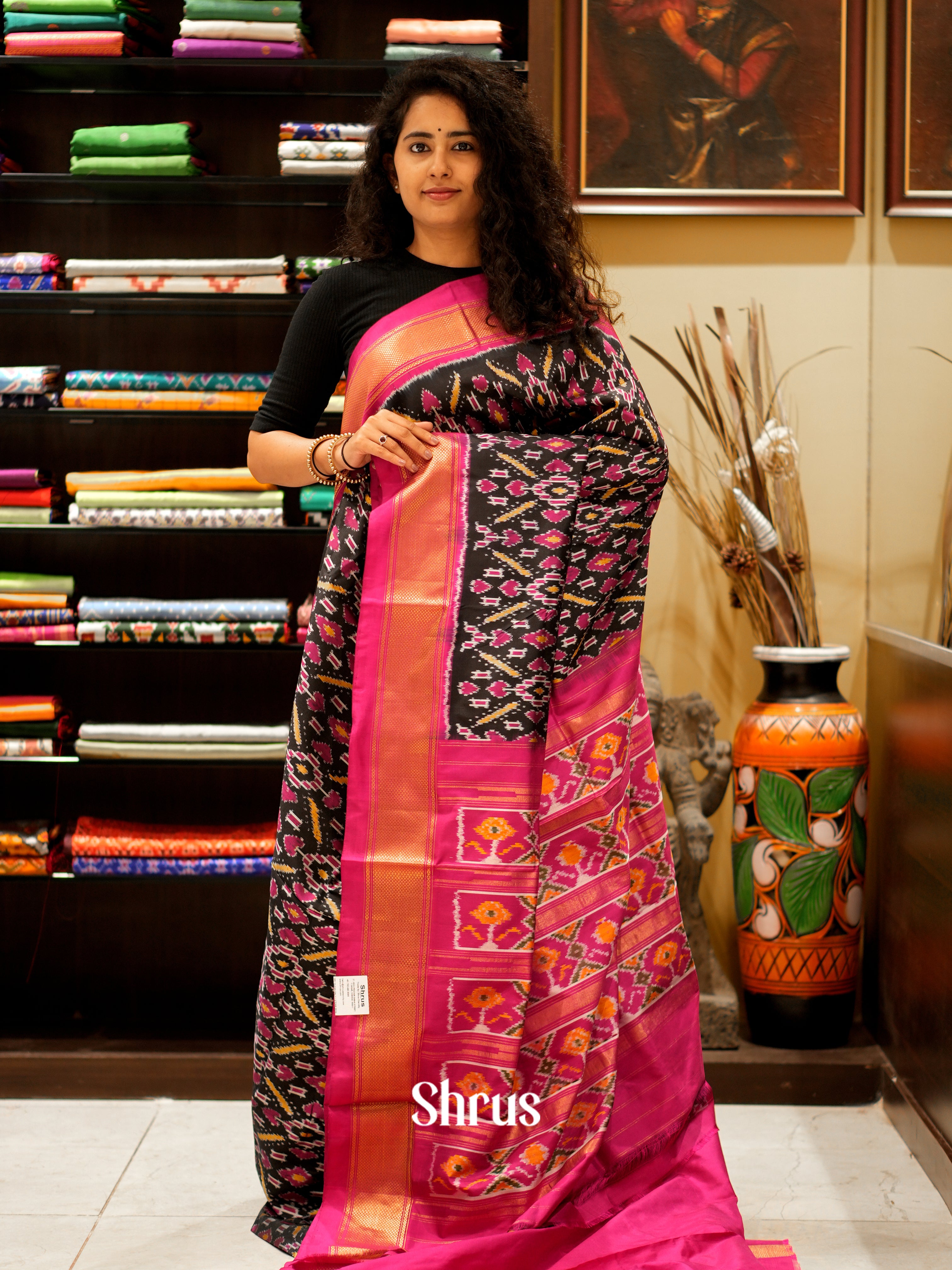 Black & Pink - Ikkat Silk saree - Shop on ShrusEternity.com