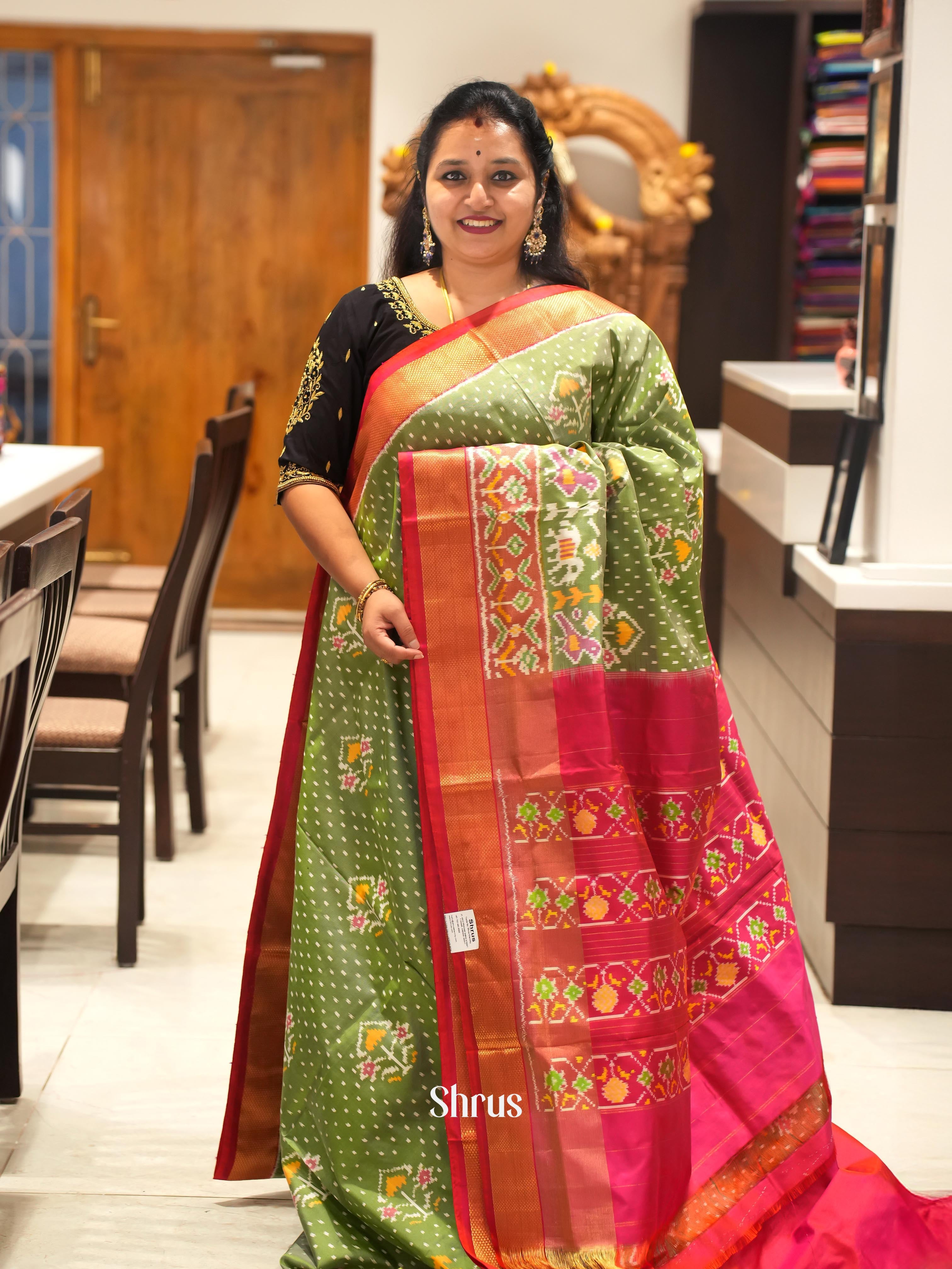 Green & Pink - Ikkat Silk Saree butta designs