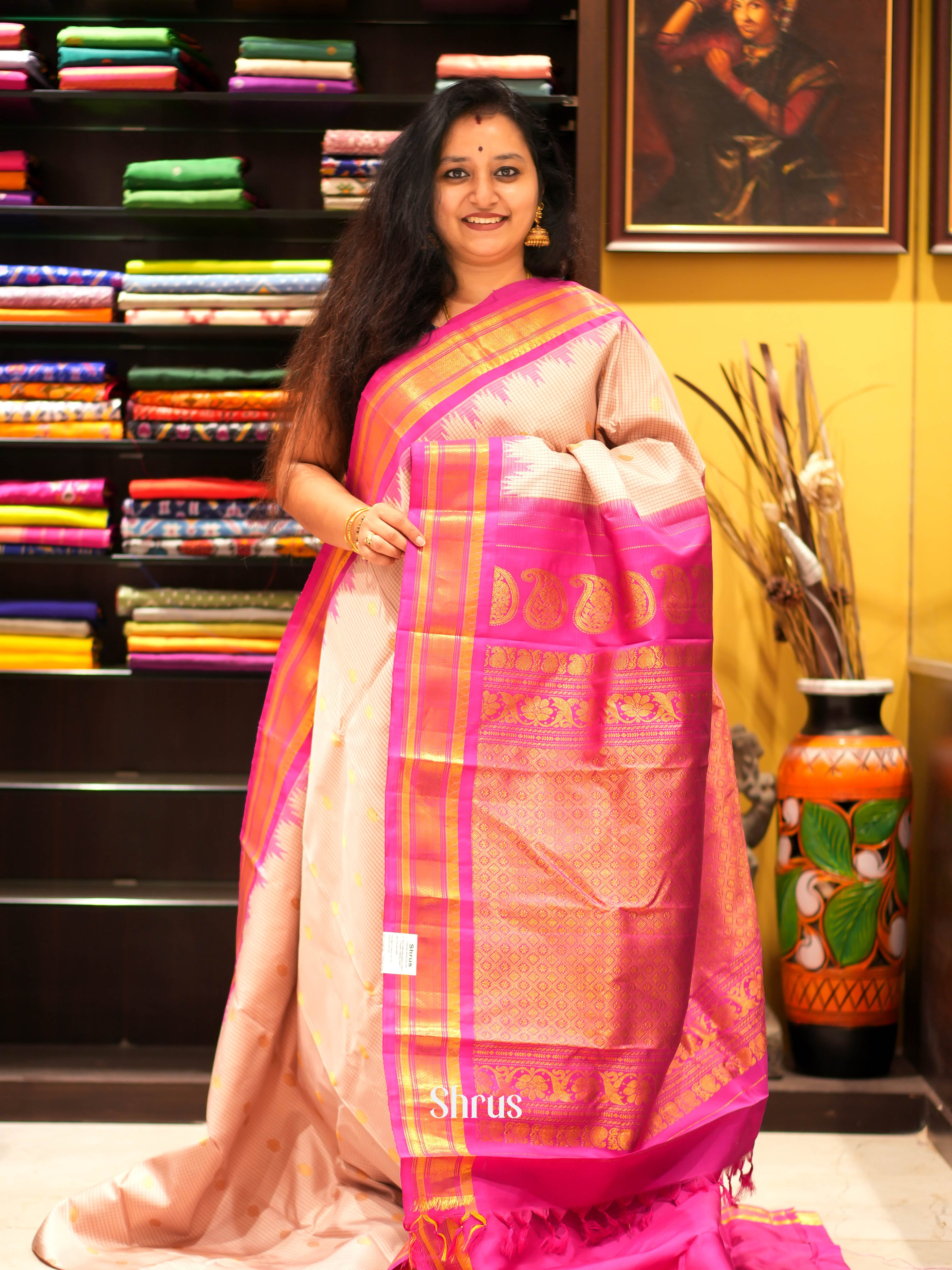 Cream & Pink - Gadwal Silk Saree - Shop on ShrusEternity.com