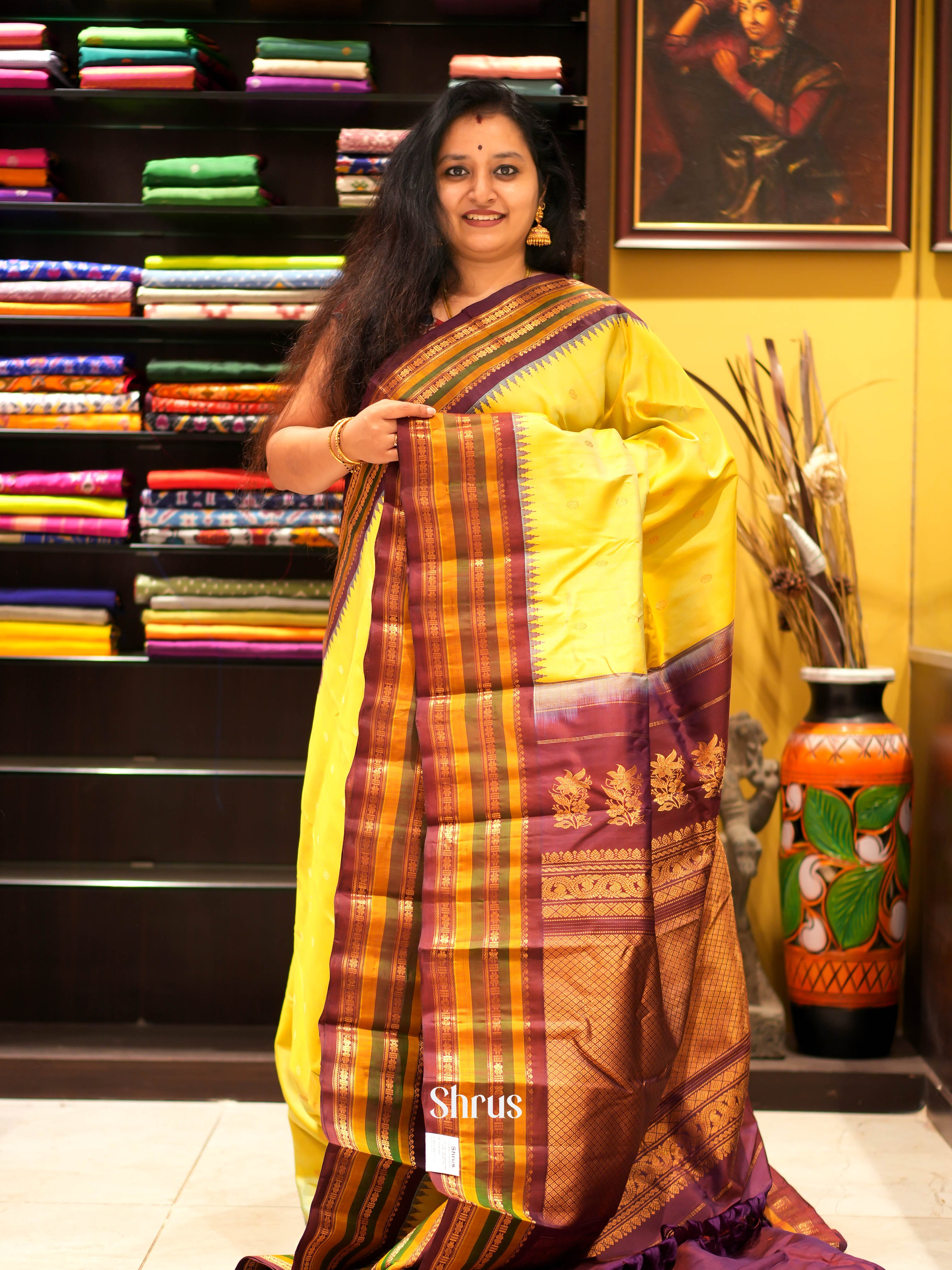 Yellow & Brown- Gadwal silk Saree - Shop on ShrusEternity.com