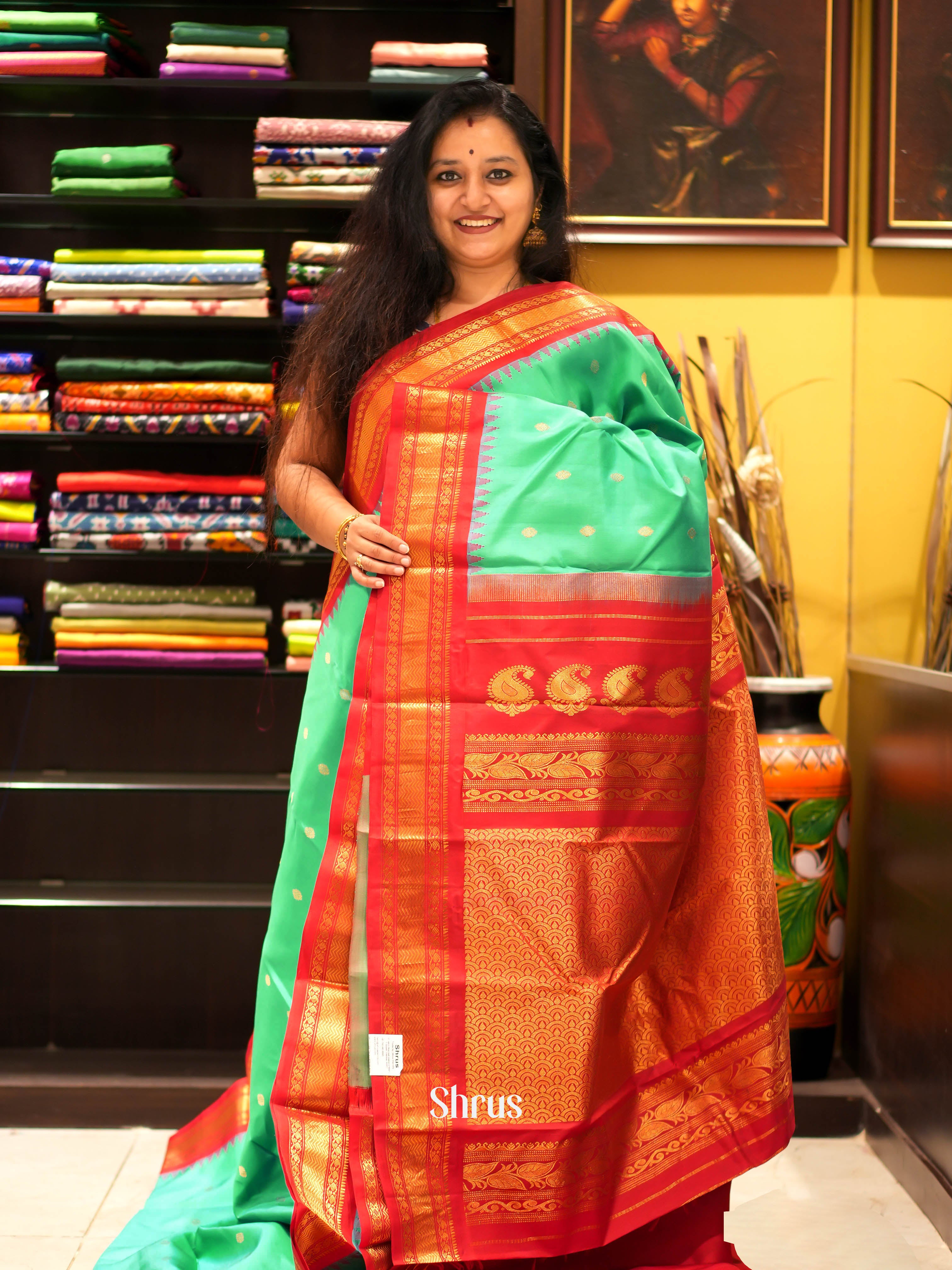 Elegant Teal and Red Gadwal Silk Saree with Zari Accents & Rich Pallu