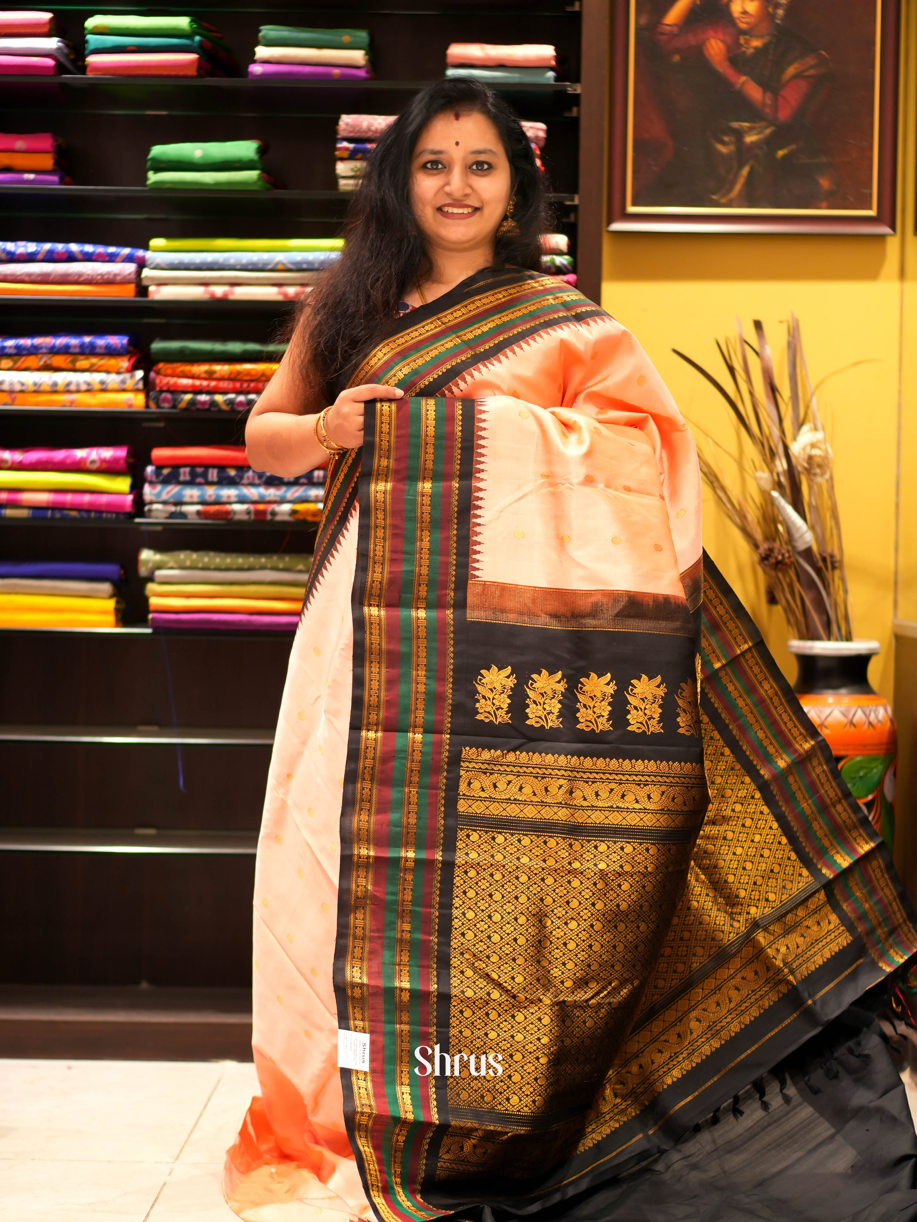 Peach & Black - Gadwal Silk Saree - Shop on ShrusEternity.com