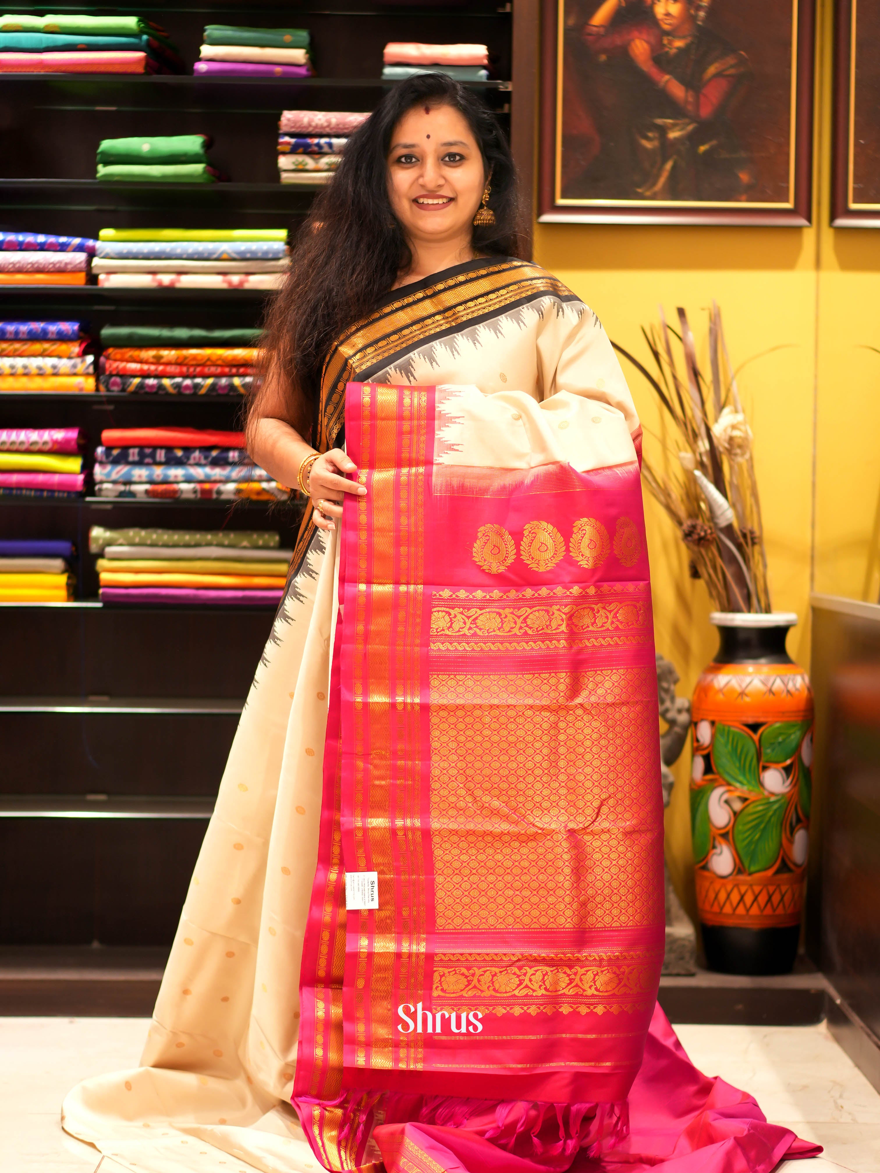 Cream & Pink - Gadwal Silk Saree - Shop on ShrusEternity.com