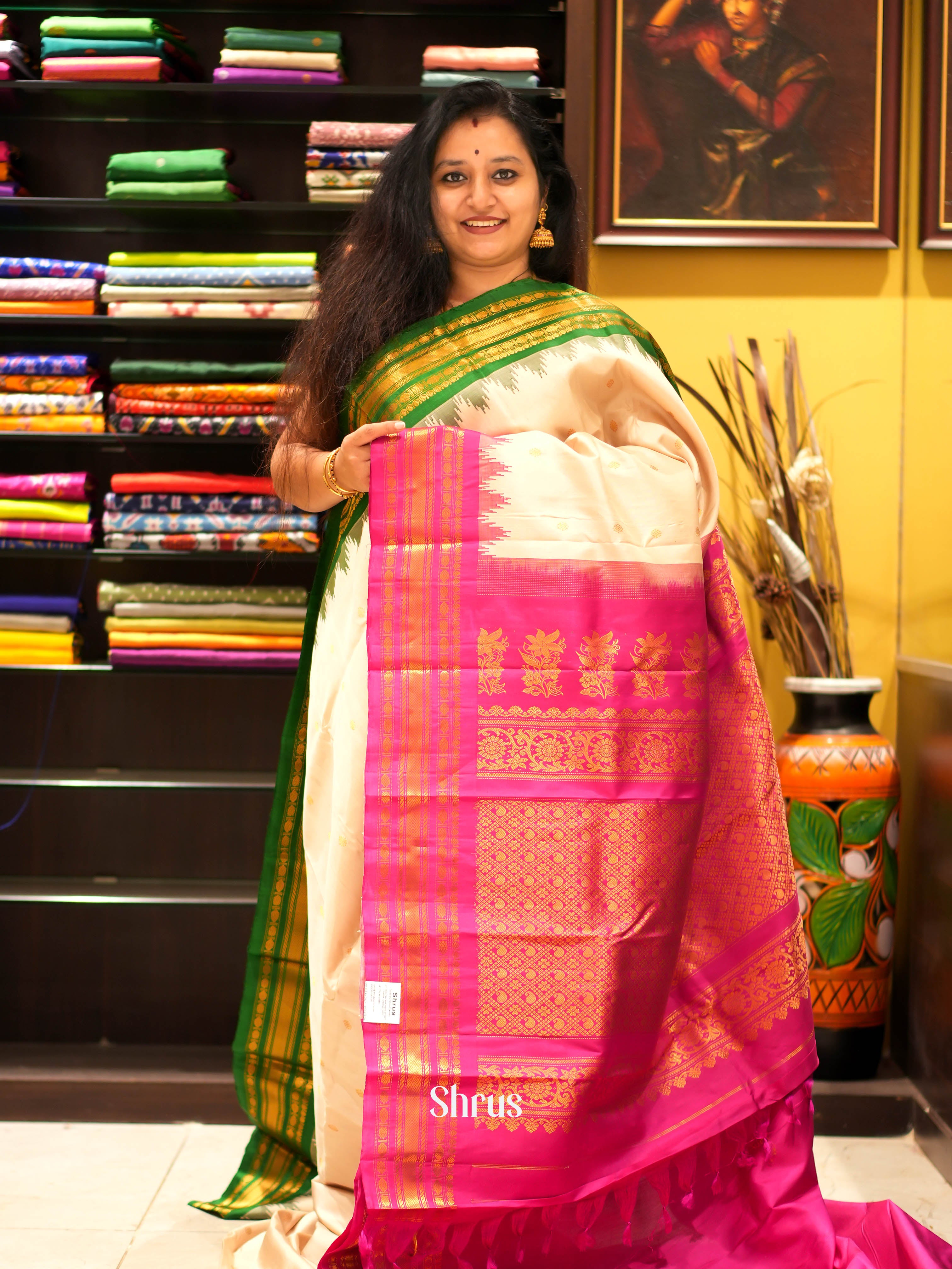 Cream & Pink - Gadwal silk Saree - Shop on ShrusEternity.com