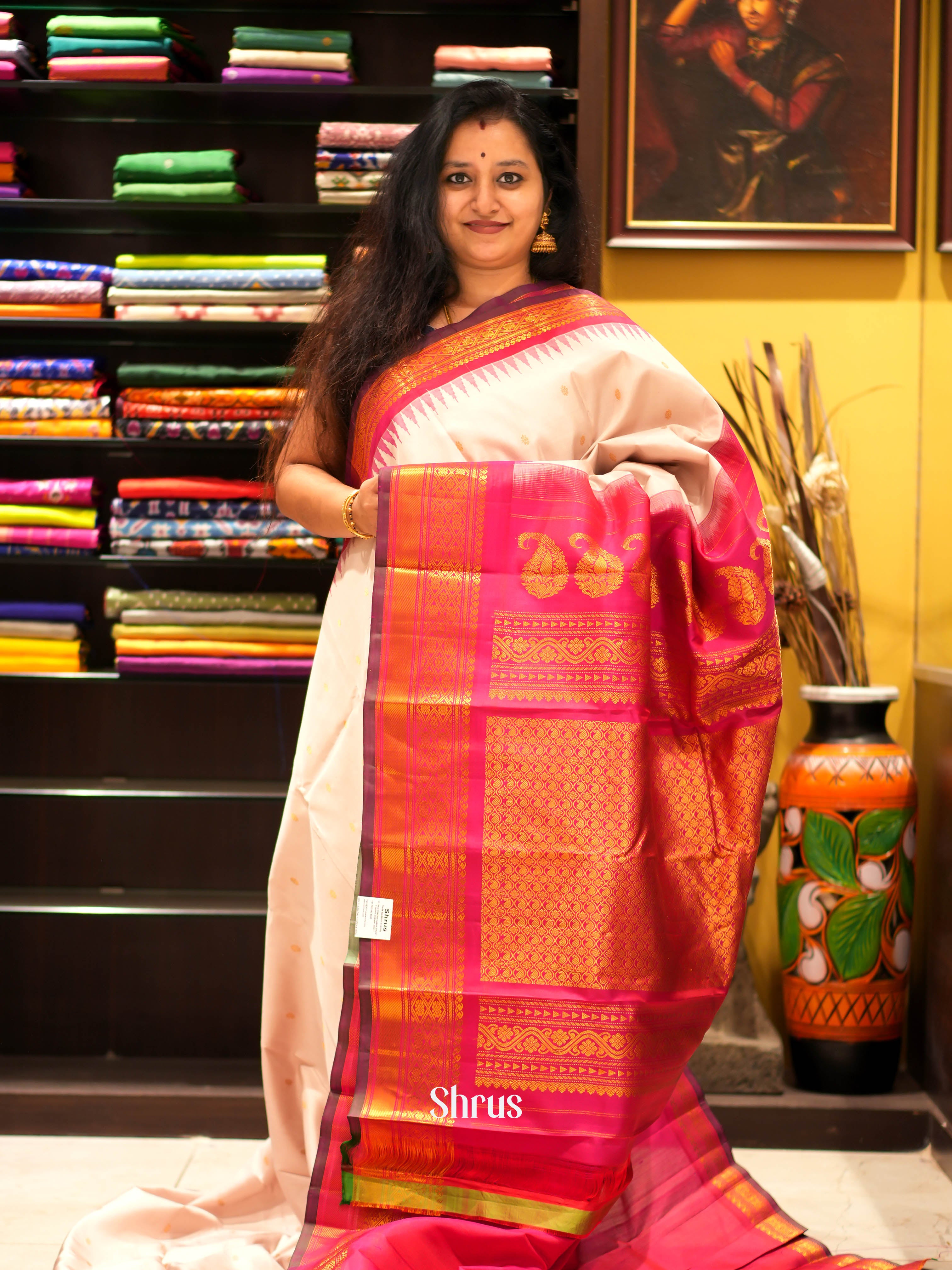 Cream & Red - Gadwal silk Saree - Shop on ShrusEternity.com