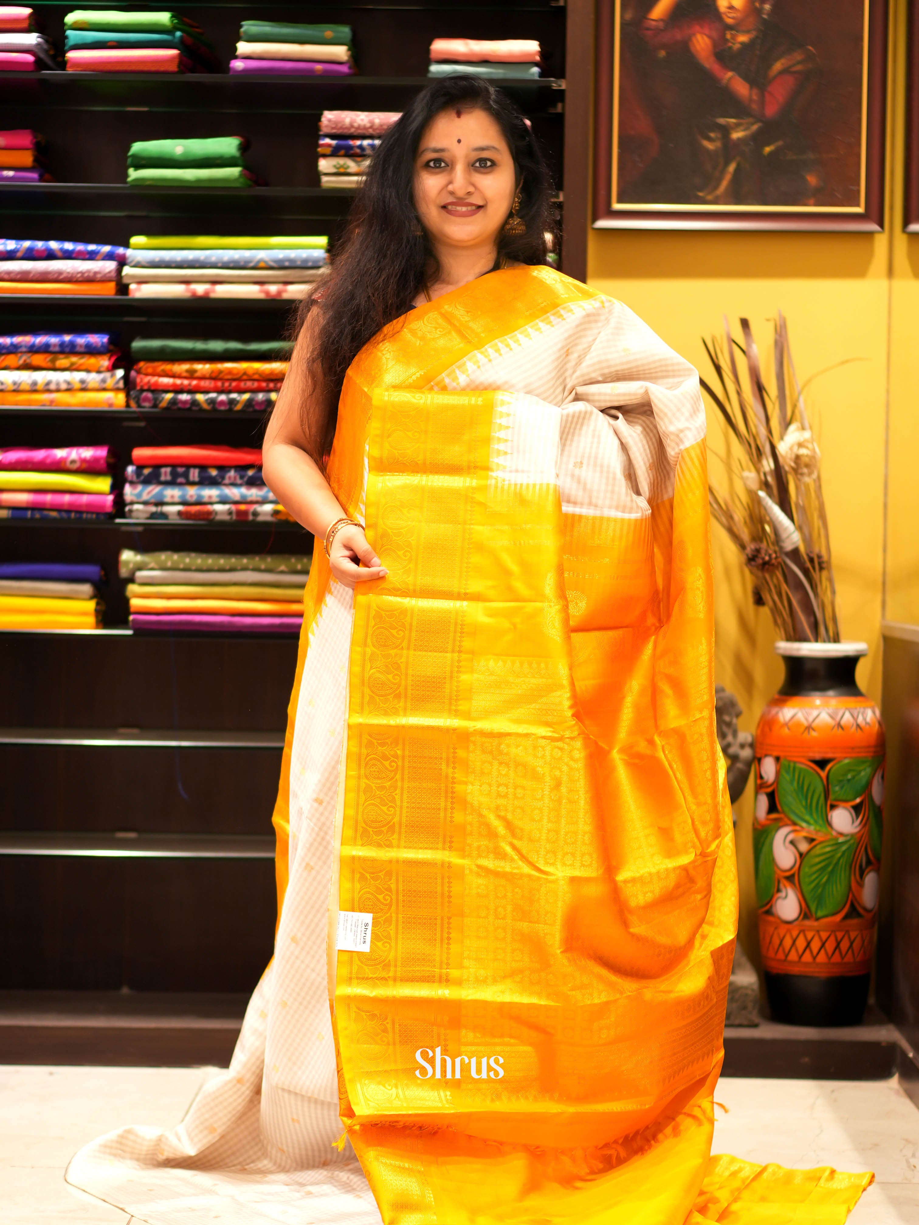 Cream & Yellow - Gadwal silk Saree - Shop on ShrusEternity.com