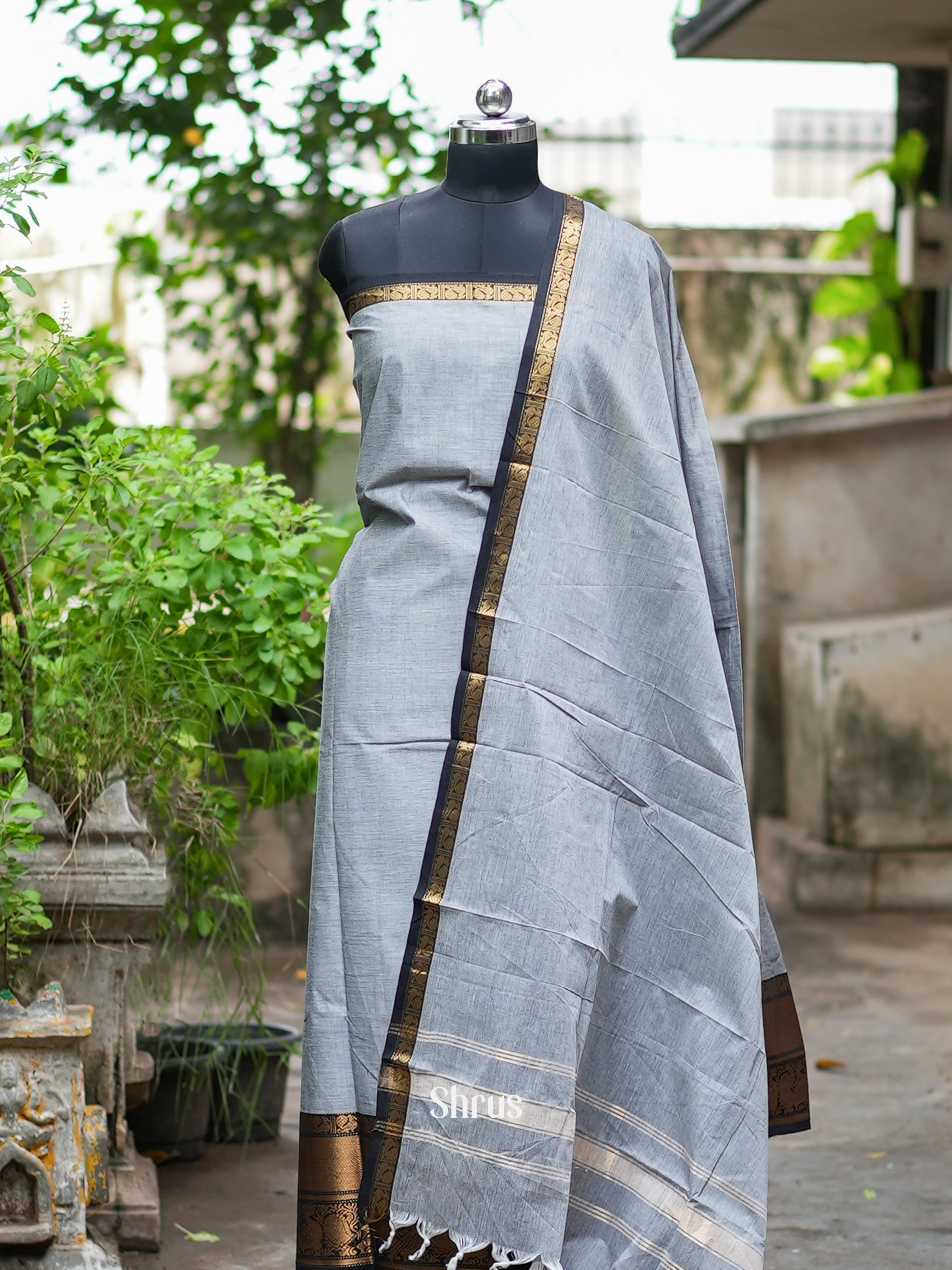 Grey & Black - Chettinad Cotton Unstitched Top & Dupatta - CGS27083 - Shop on ShrusEternity.com