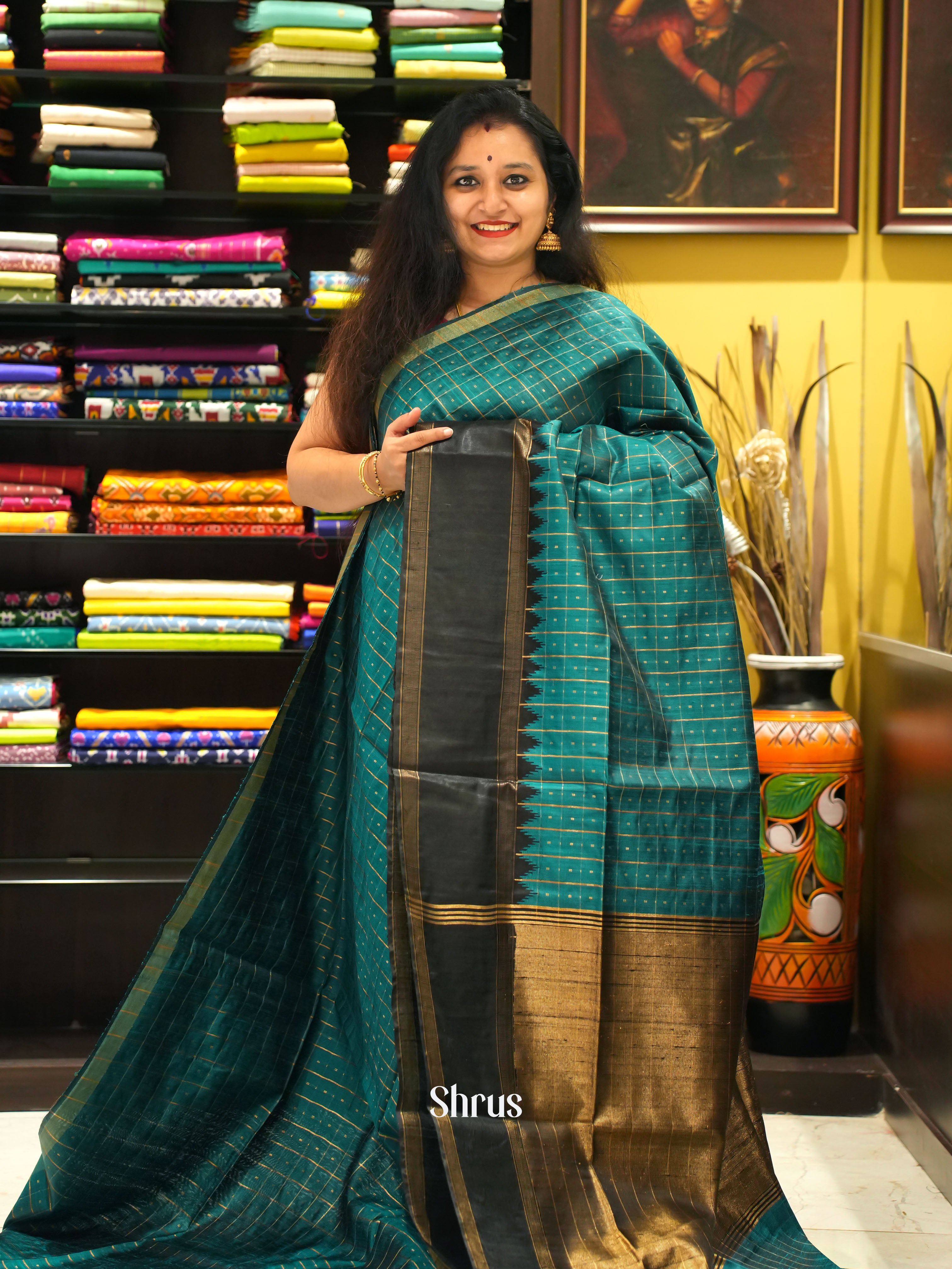 Peacock Blue & Black - Raw silk saree - Shop on ShrusEternity.com