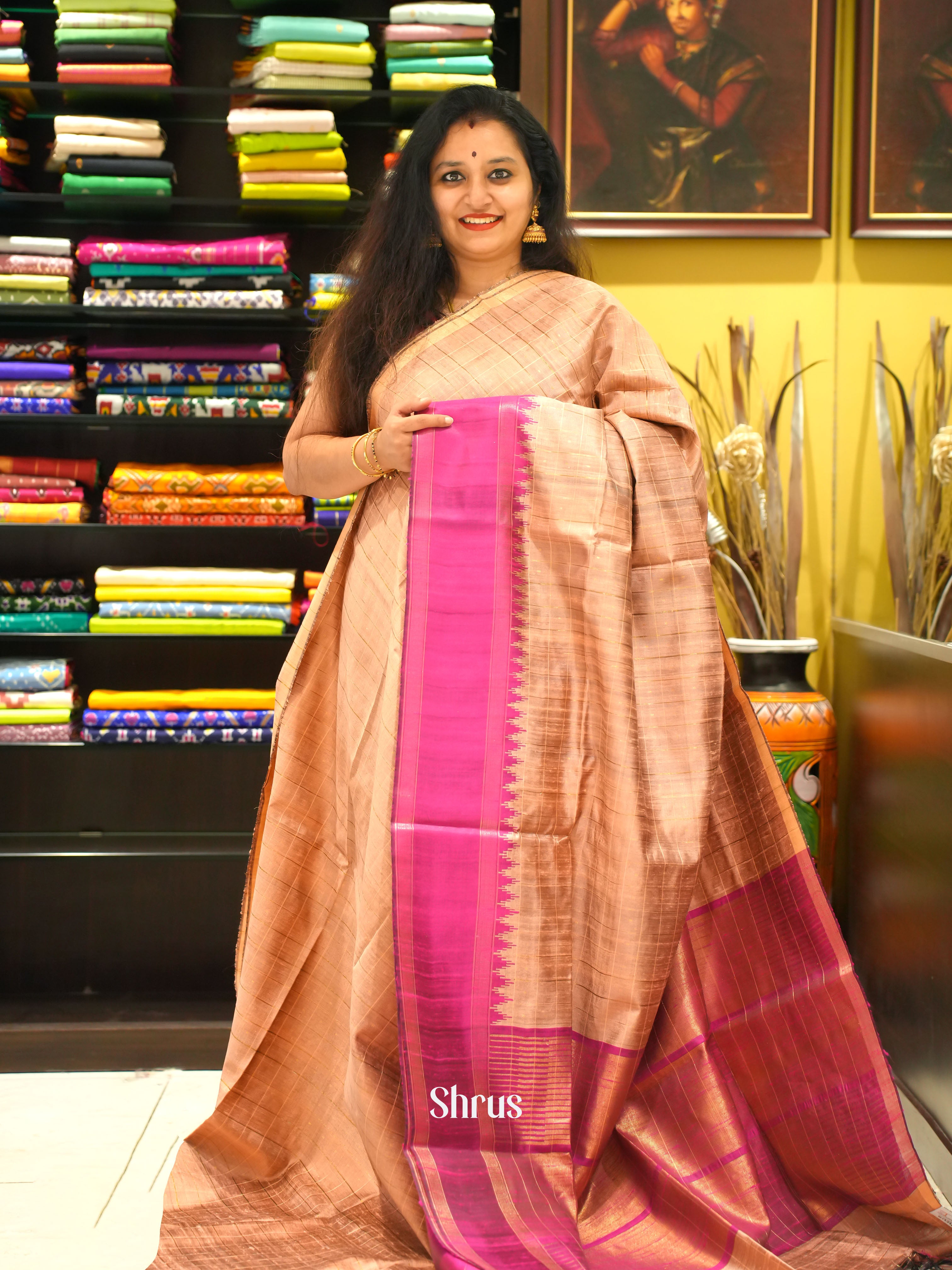 Lite Brown & Pink - Raw silk saree - Shop on ShrusEternity.com