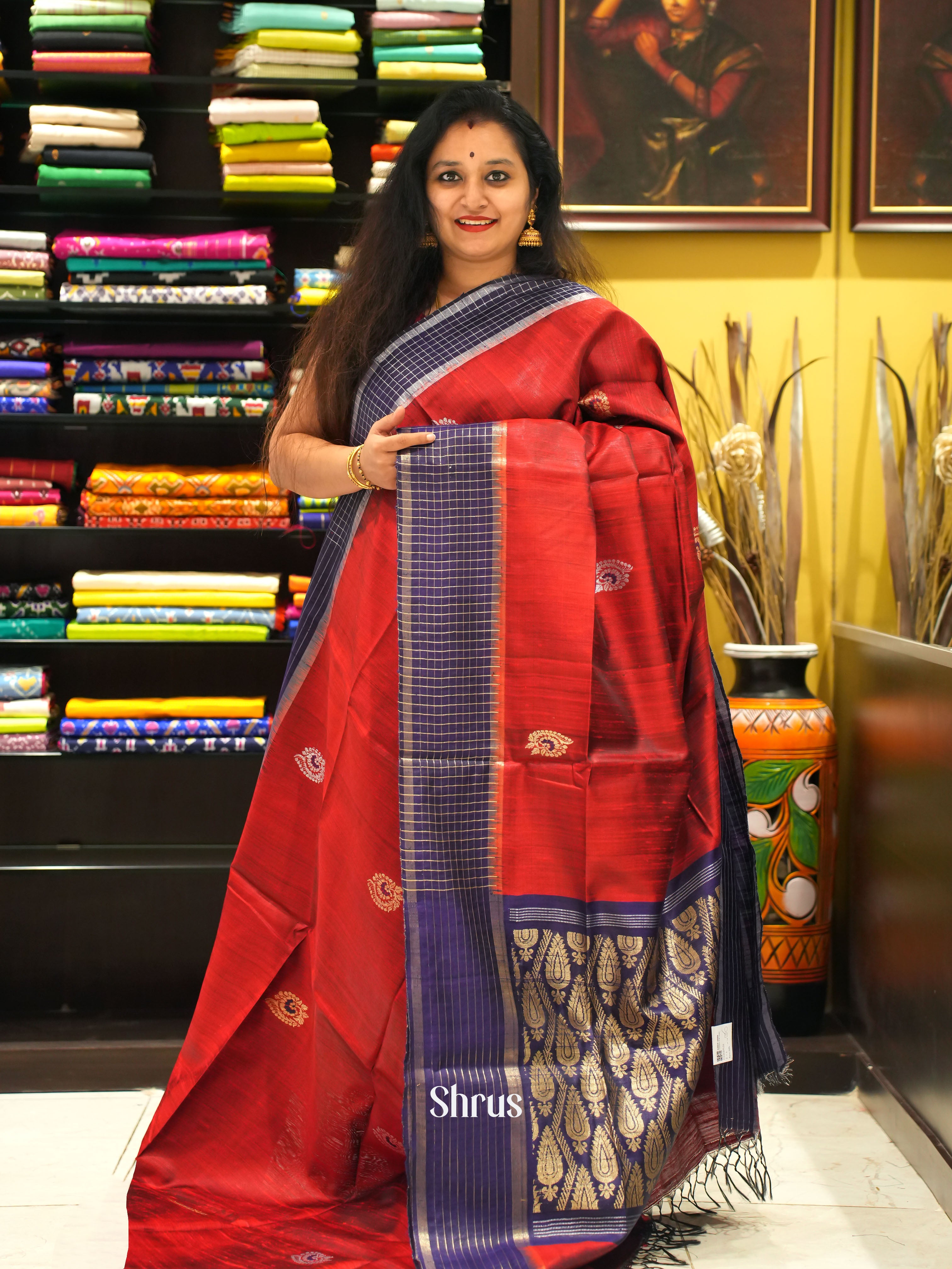Red & Violet- Raw silk saree - Shop on ShrusEternity.com