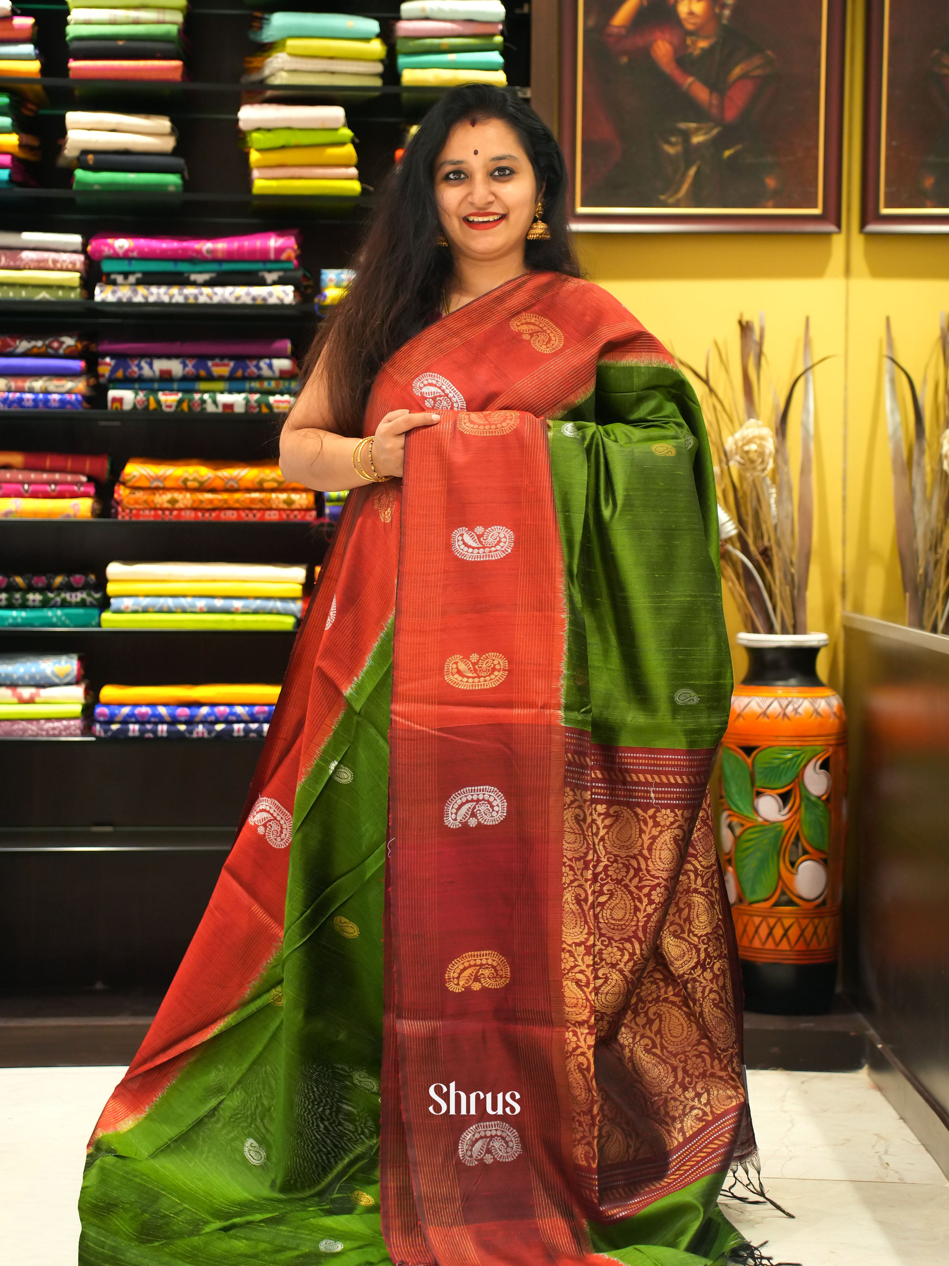 Green & Red - Raw silk saree - Shop on ShrusEternity.com