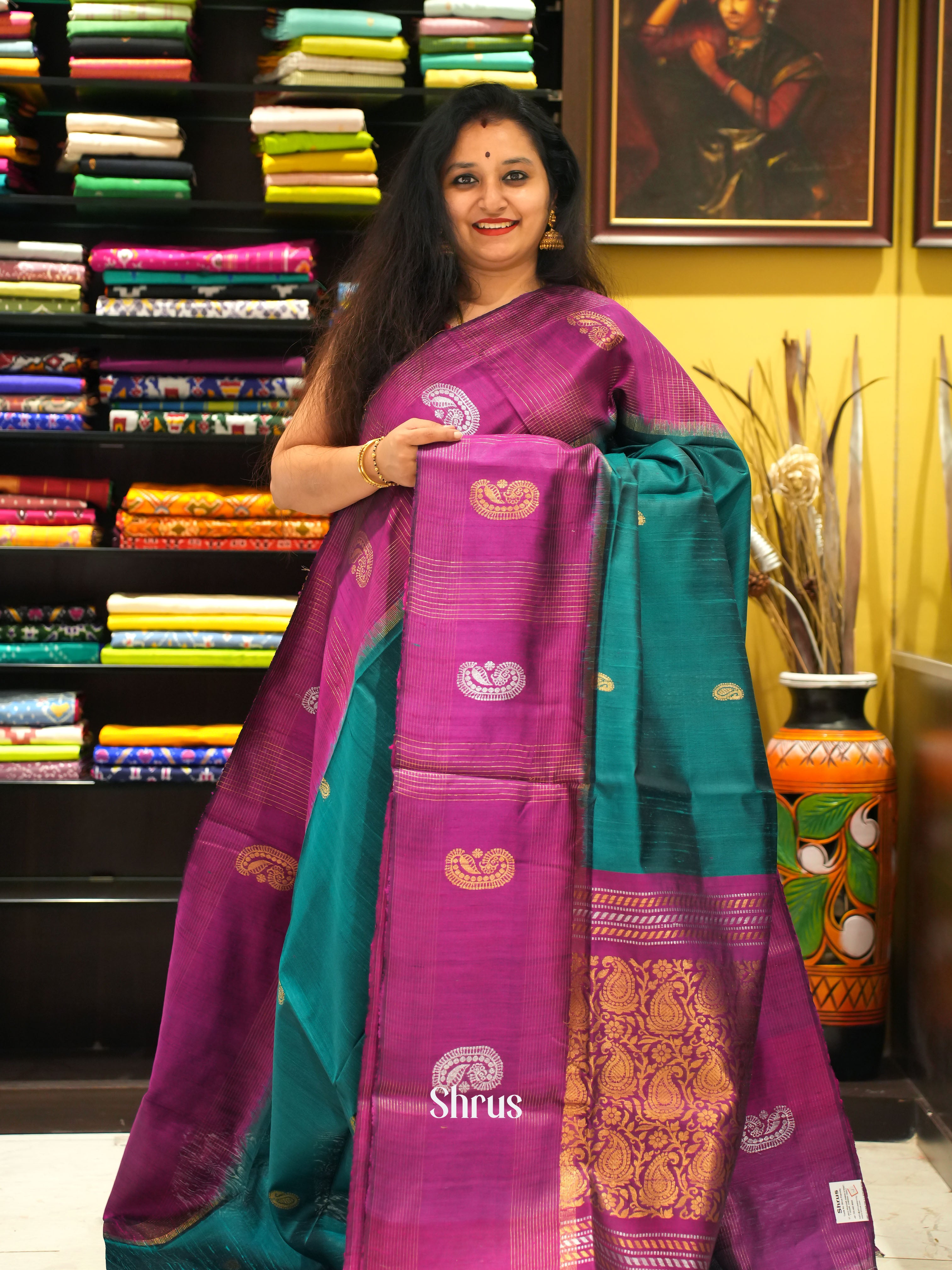 Green & Majenta - Raw silk saree - Shop on ShrusEternity.com