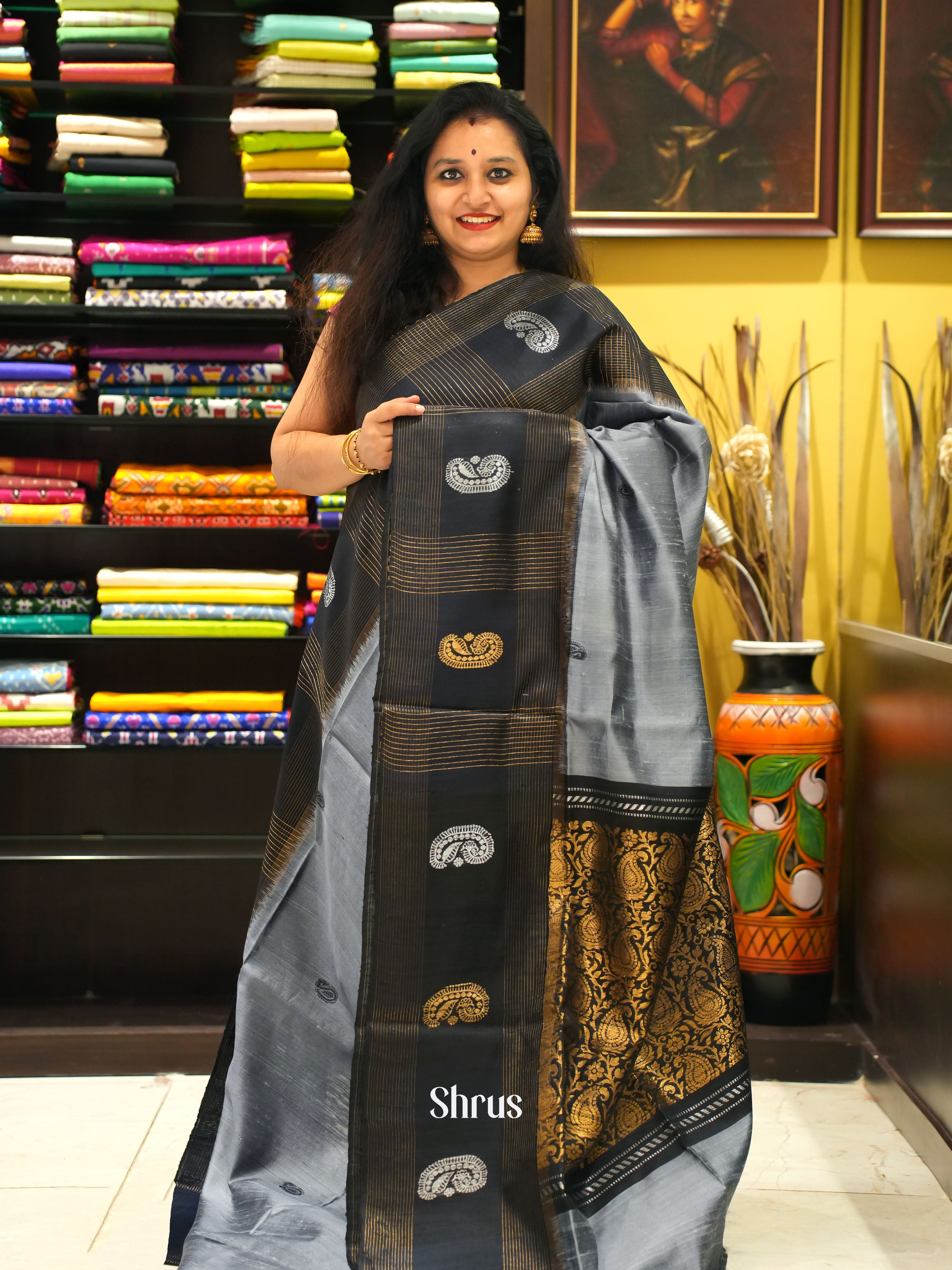 Grey & Black - Raw silk saree - Shop on ShrusEternity.com