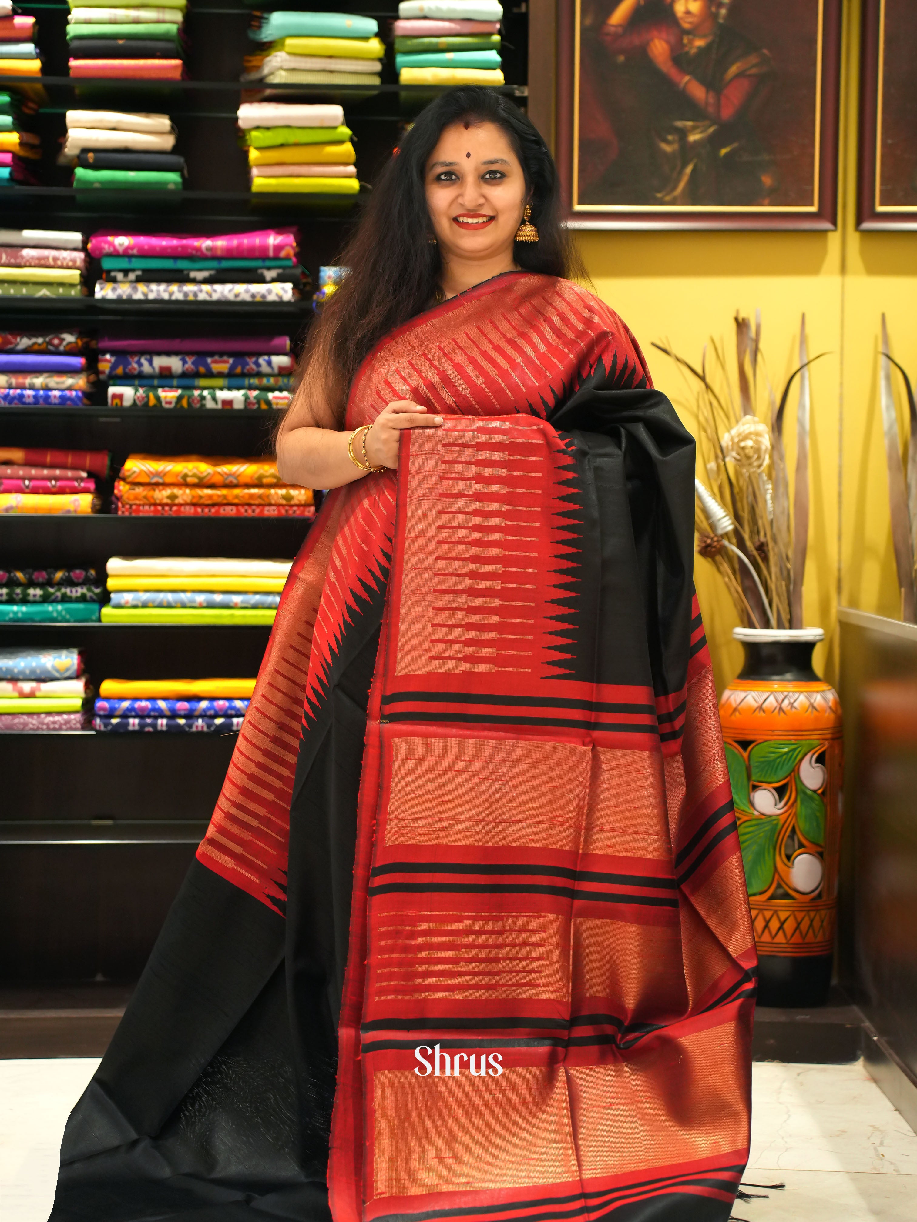 Black & Red - Raw silk saree - Shop on ShrusEternity.com