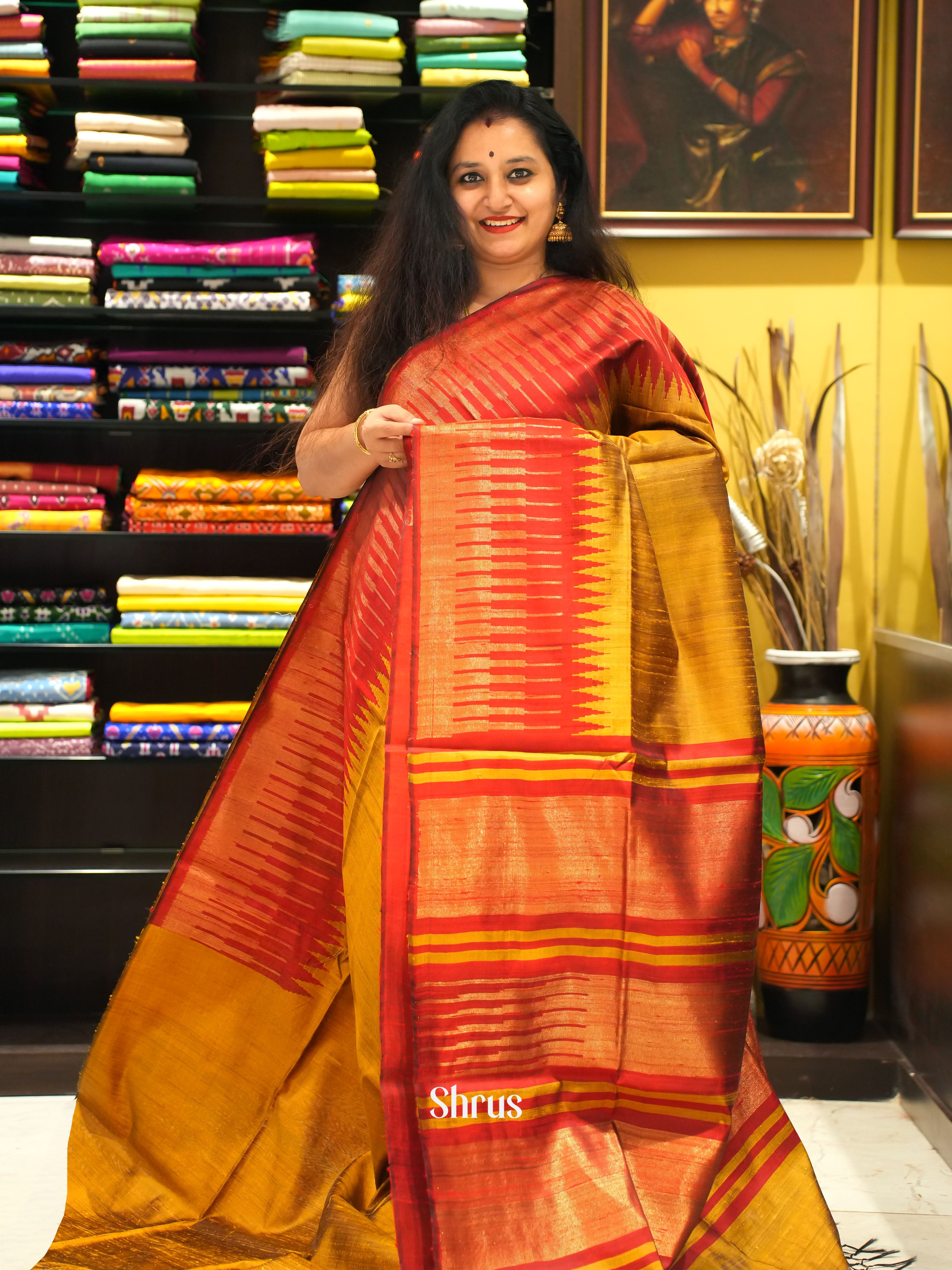 Mustard & Red - Raw silk saree - Shop on ShrusEternity.com