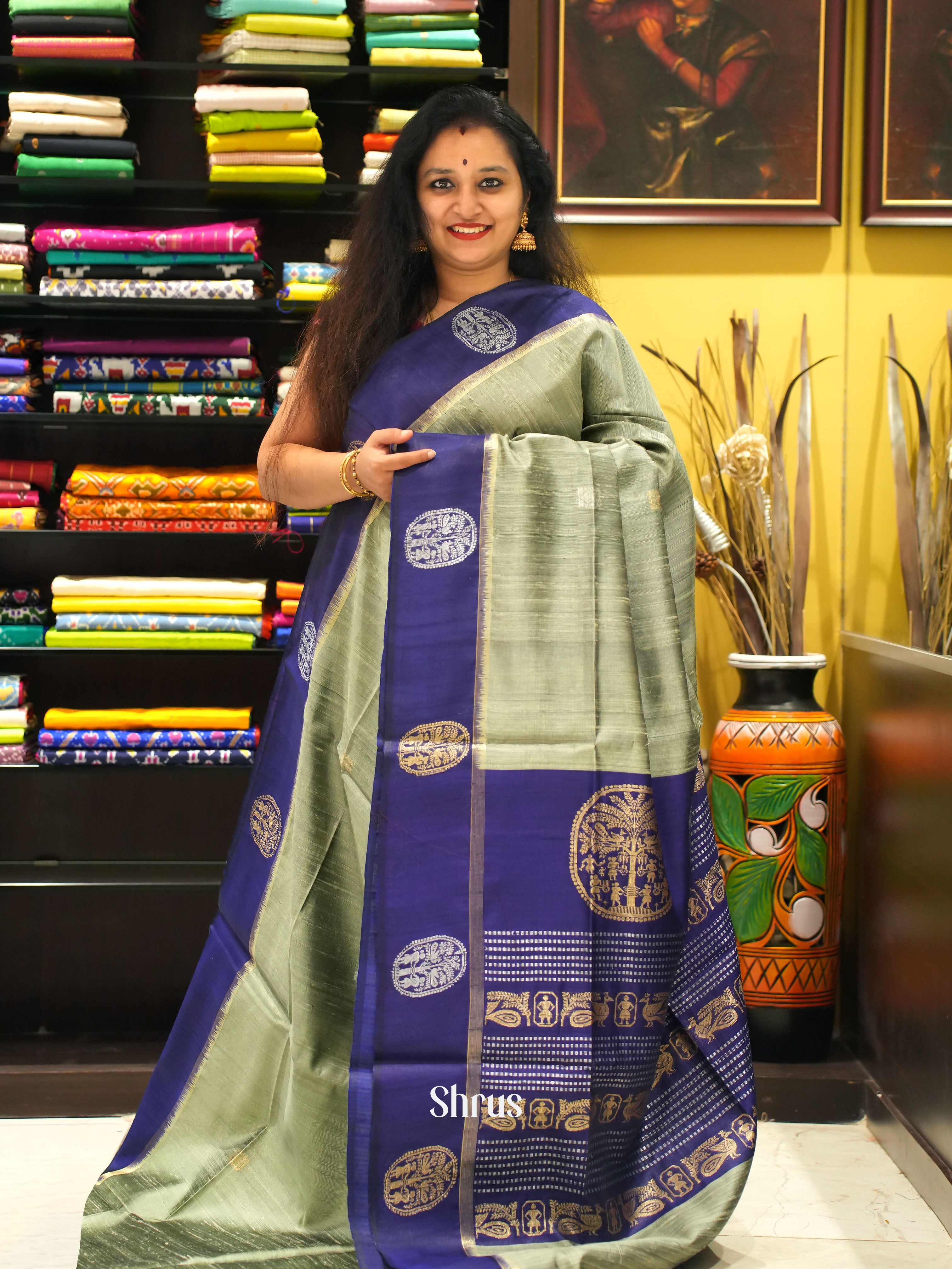 Elachi Green & Blue - Raw silk saree - Shop on ShrusEternity.com