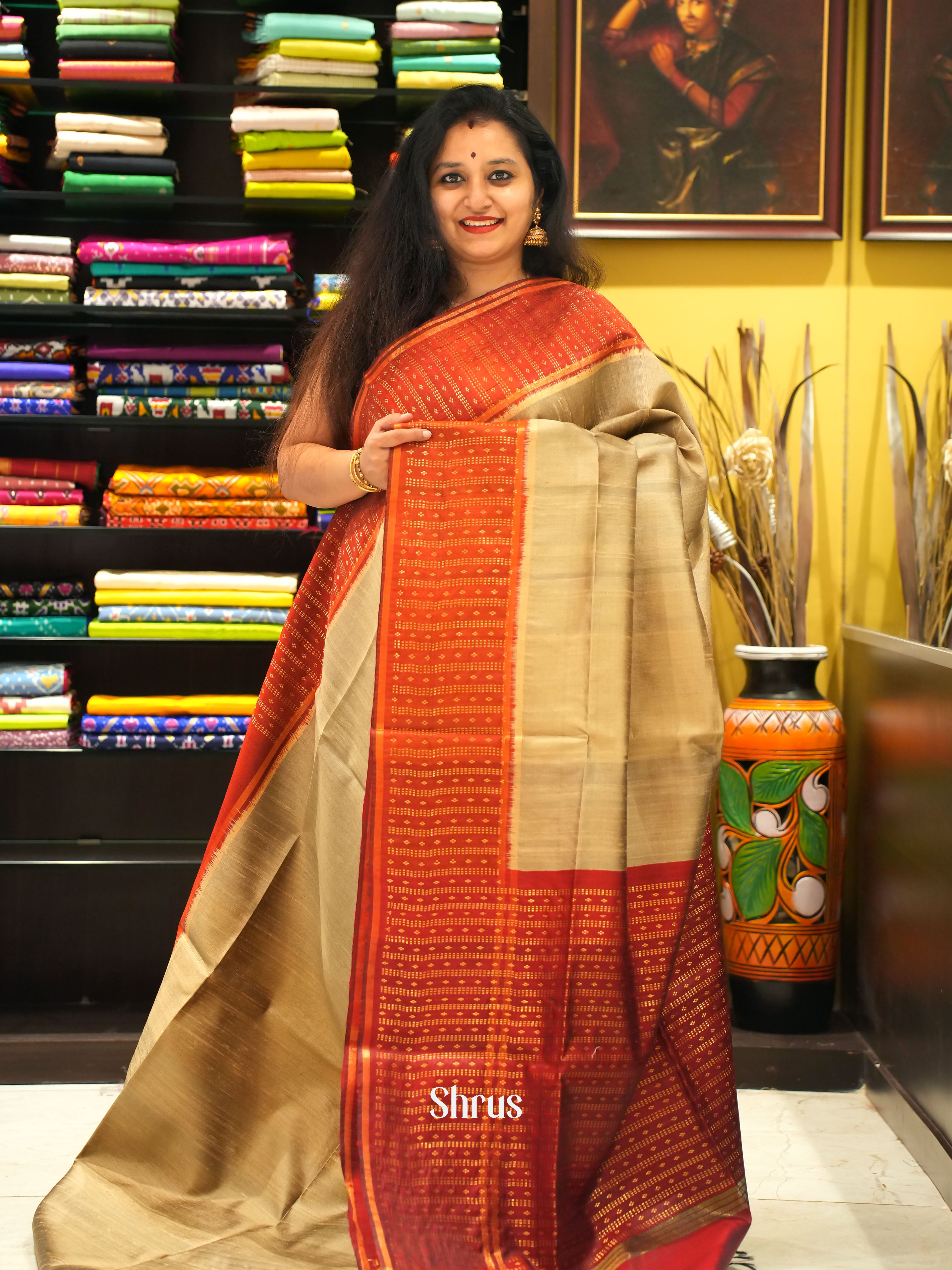 Beige & Red - Raw silk saree - Shop on ShrusEternity.com