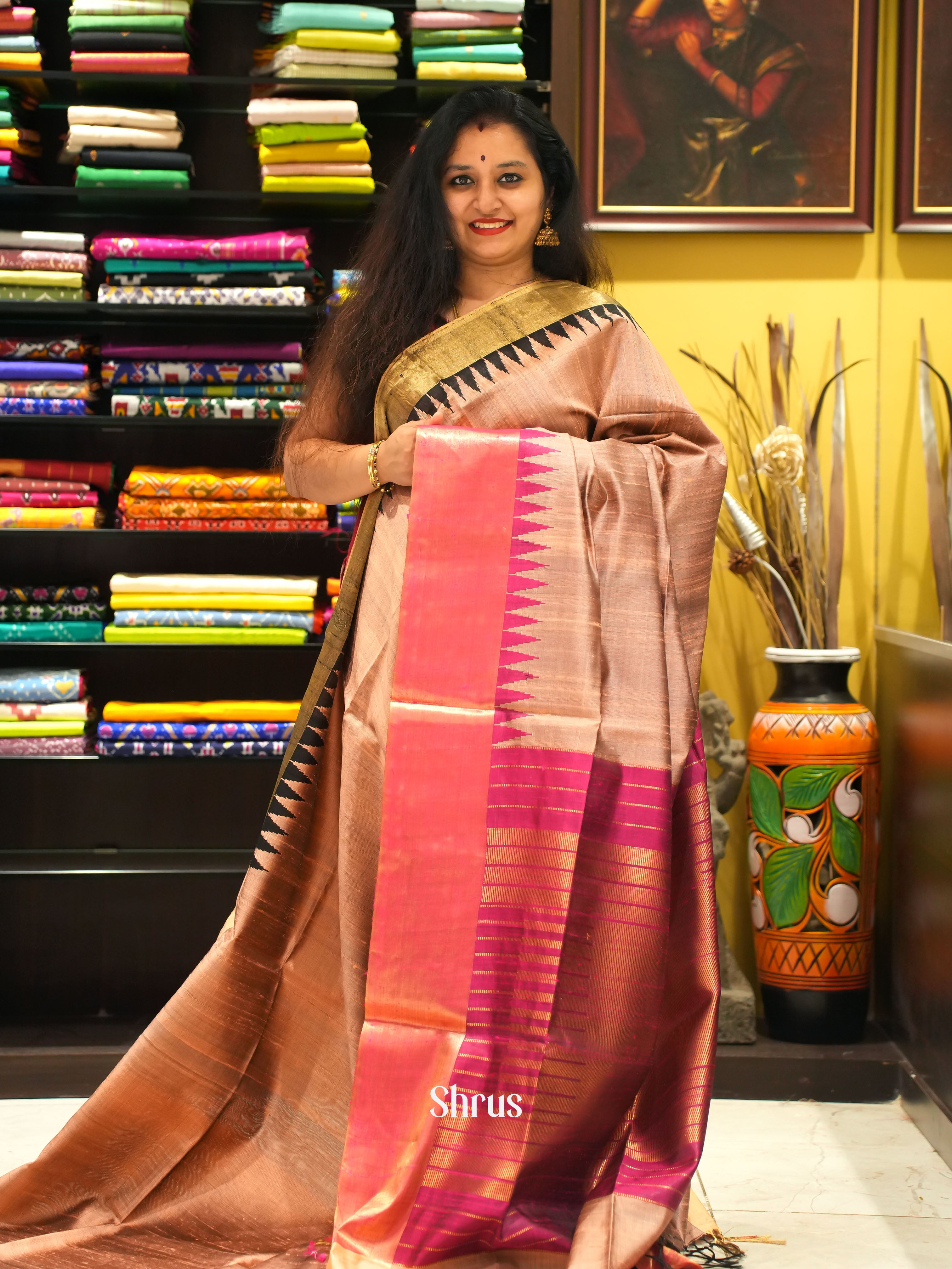 Light Brown & Pink- Raw silk saree - Shop on ShrusEternity.com