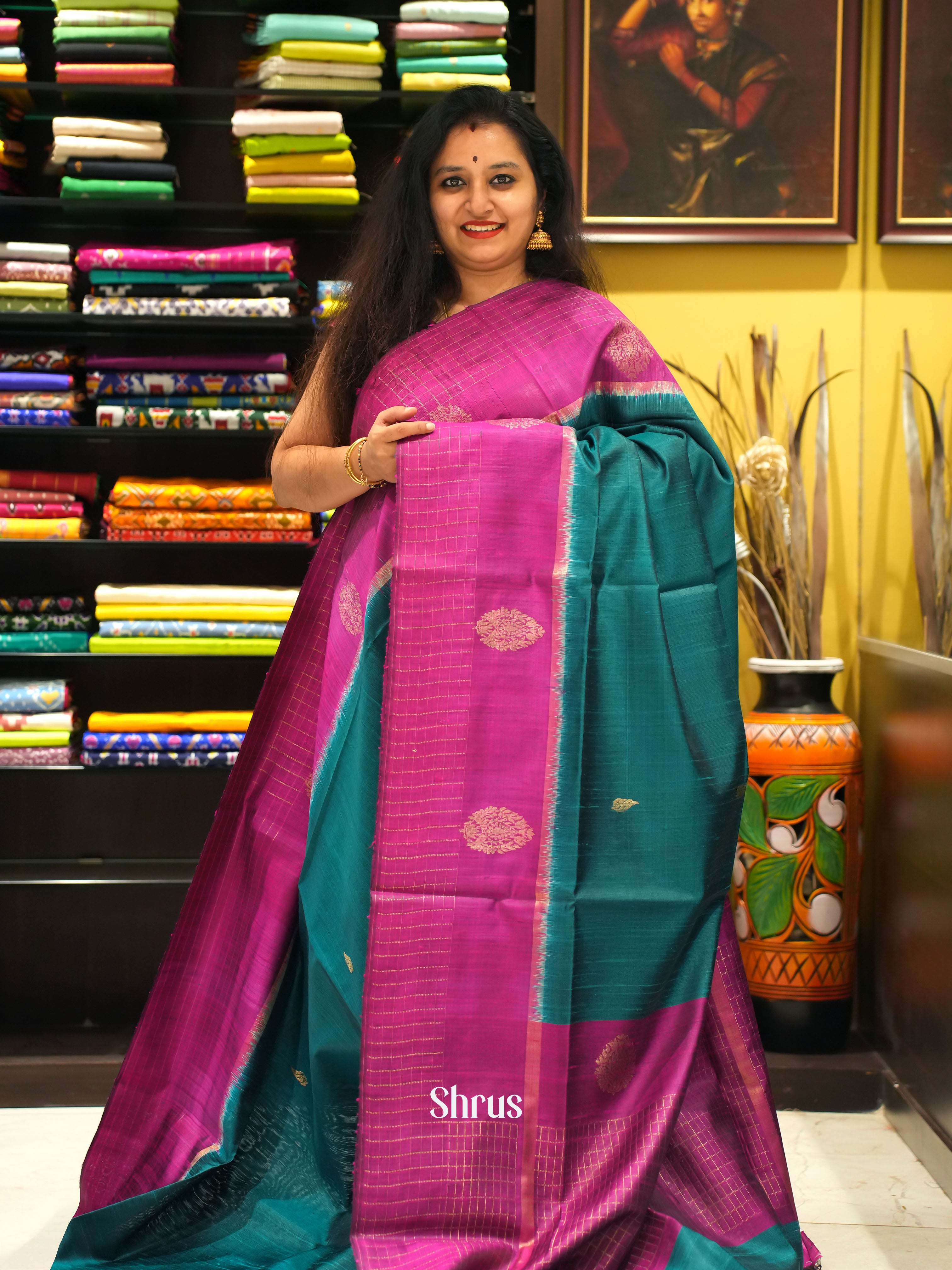 Peacock Green & Majenta Pink - Raw silk saree - Shop on ShrusEternity.com