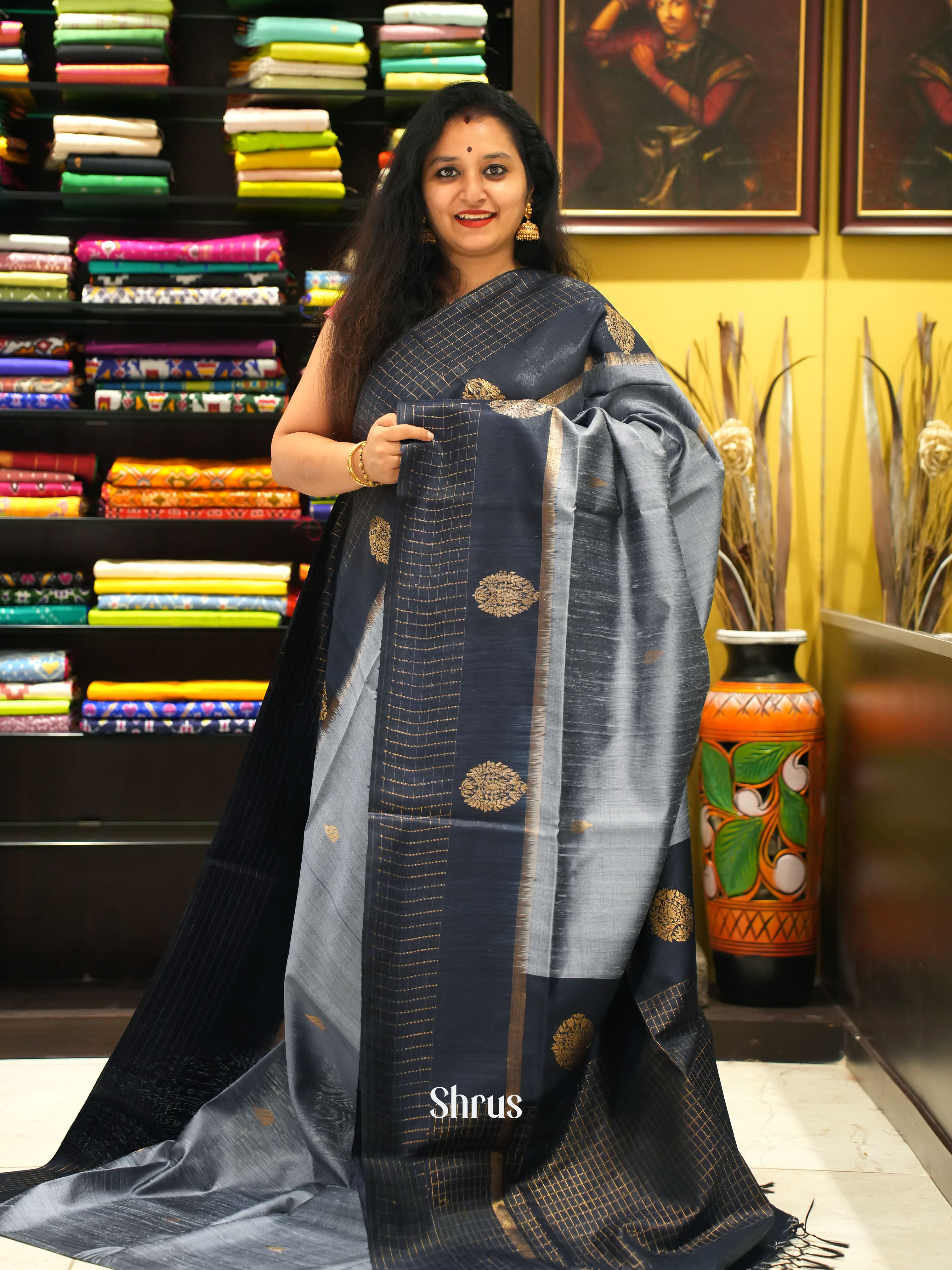 Grey & Blue - Raw silk saree - Shop on ShrusEternity.com