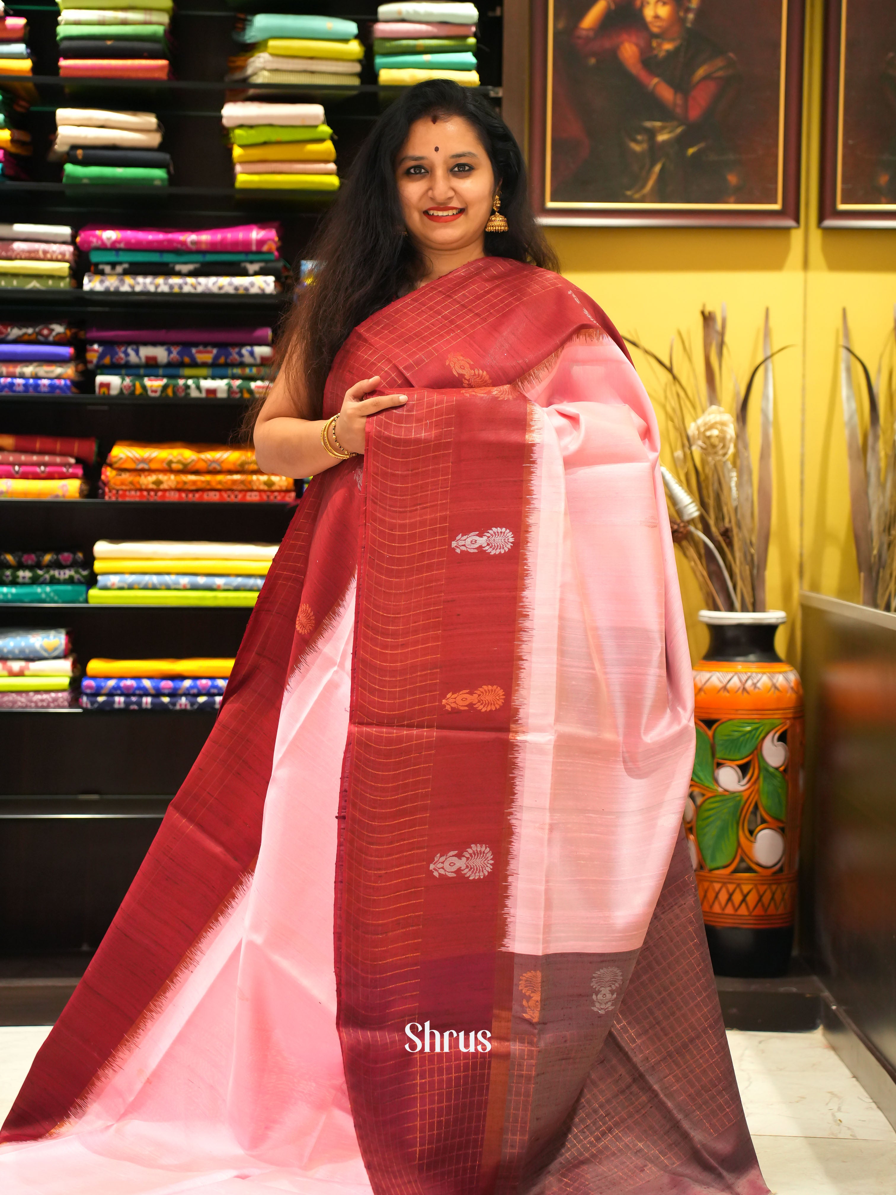 Pink & Red - Raw silk saree - Shop on ShrusEternity.com