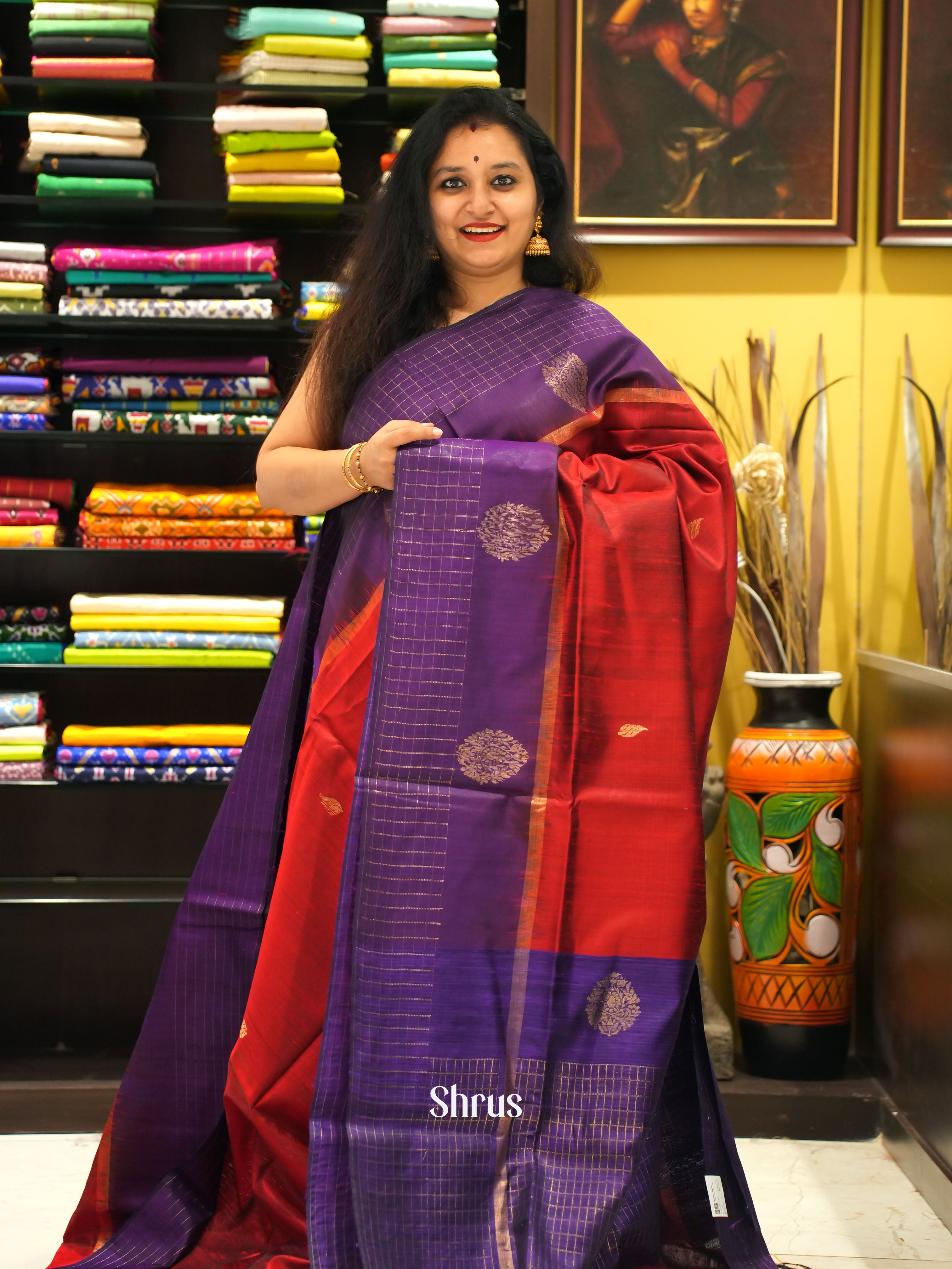 Red & Violet - Raw silk saree - Shop on ShrusEternity.com