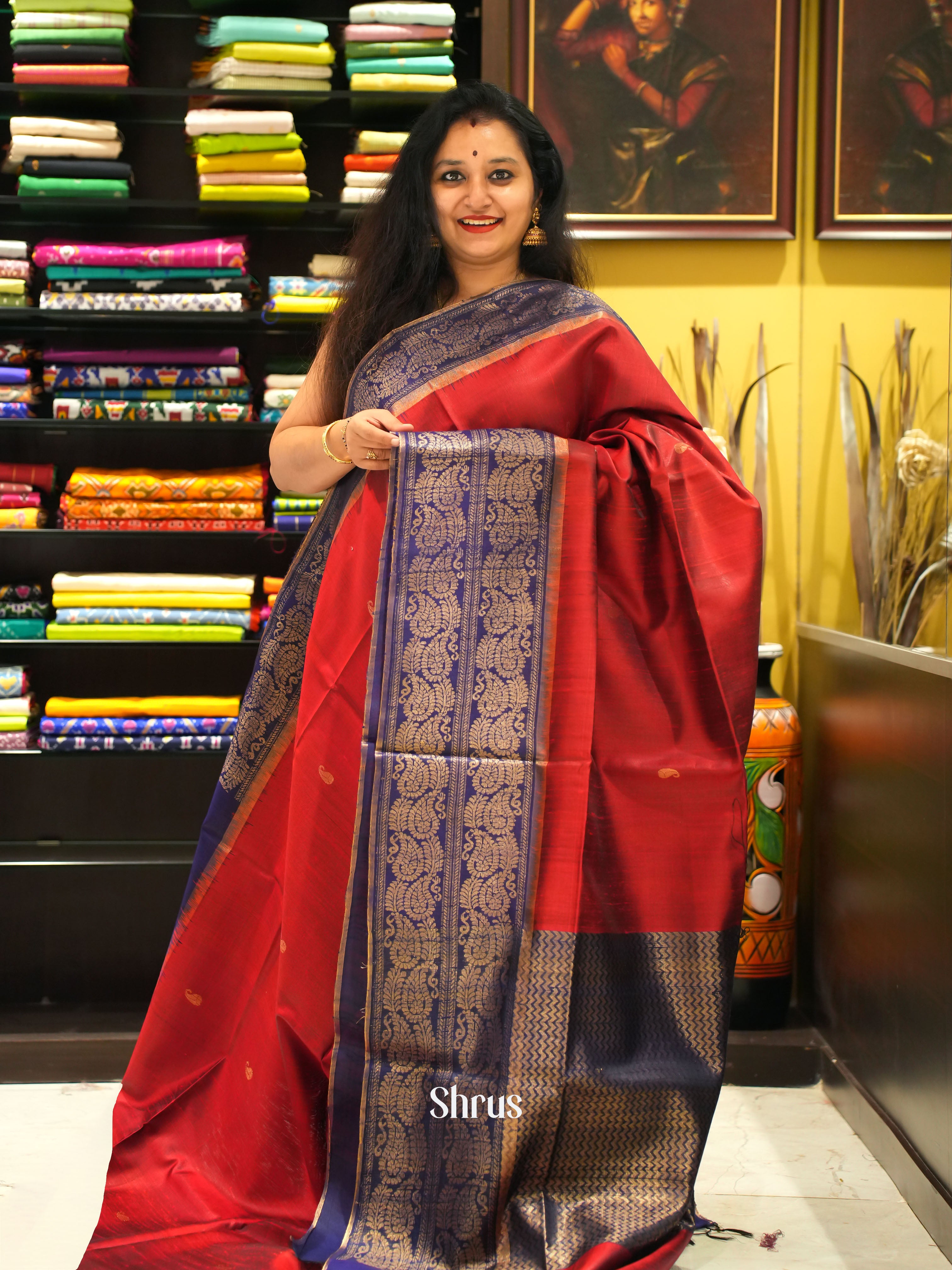 Red & Blue - Raw Silk Saree - Shop on ShrusEternity.com