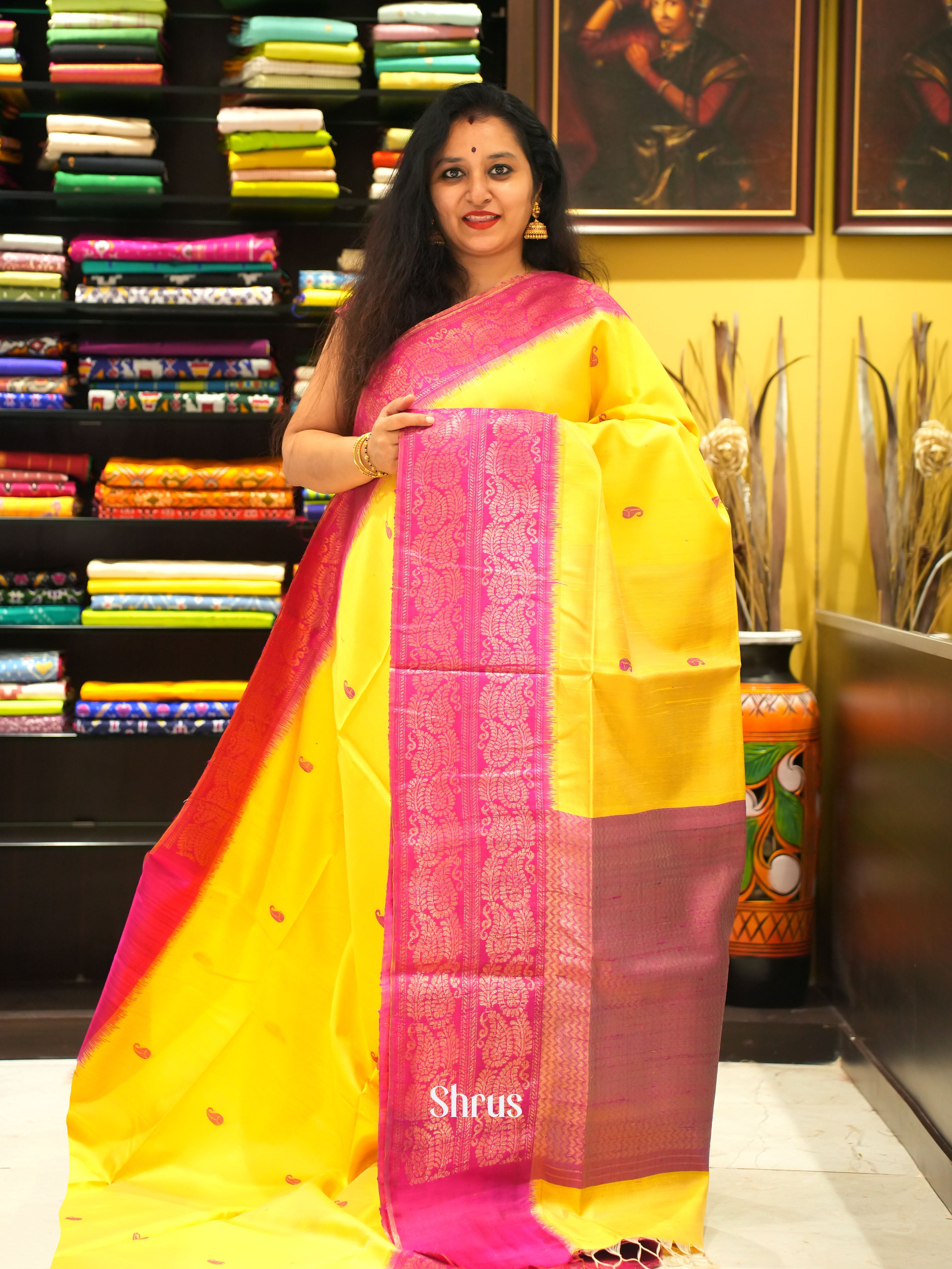 Yellow & Pink- Raw Silk Saree - Shop on ShrusEternity.com