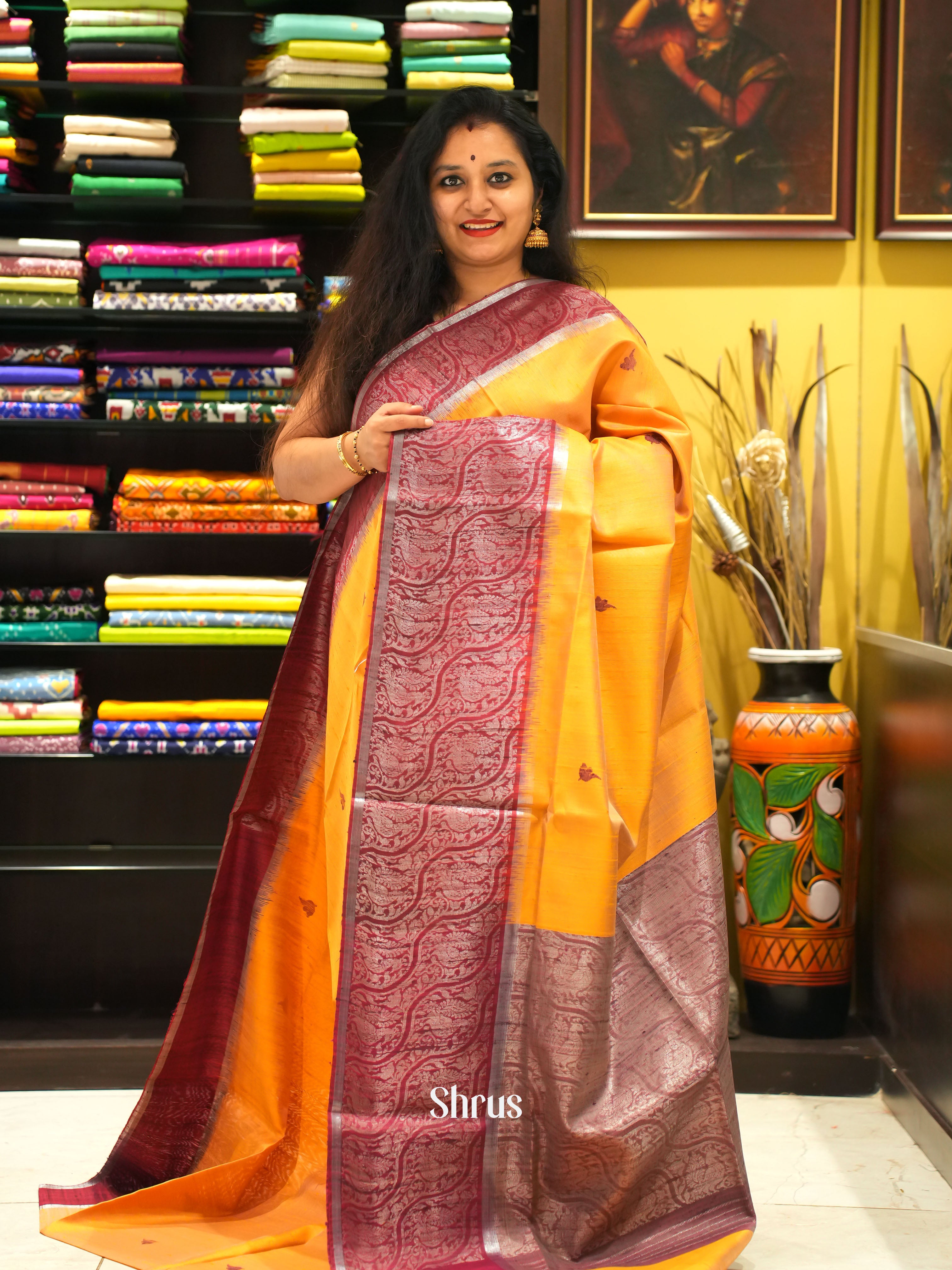 Musatrd & Maroon - Raw Silk Saree - Shop on ShrusEternity.com
