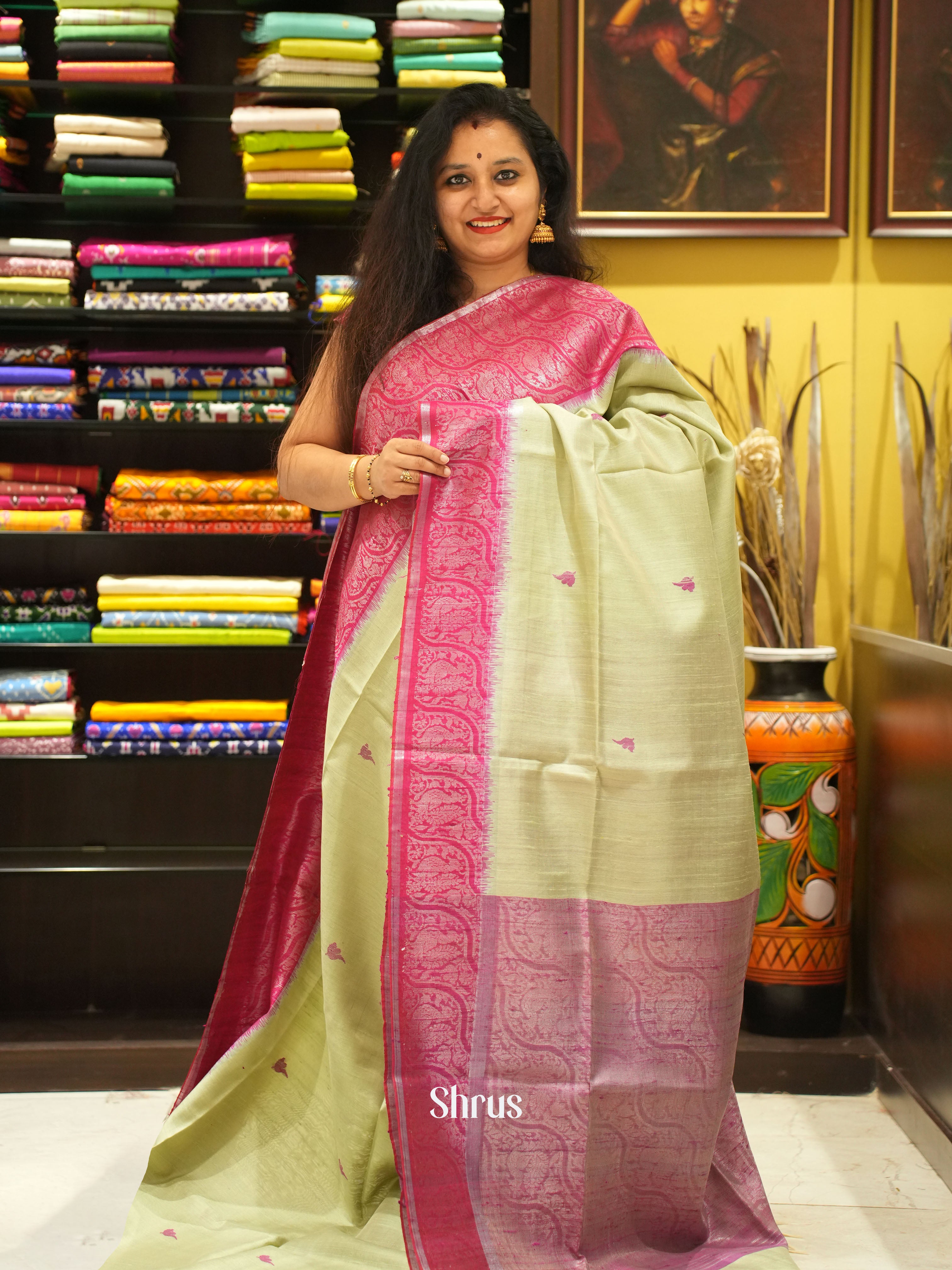 Green & pink - Raw Silk Saree - Shop on ShrusEternity.com