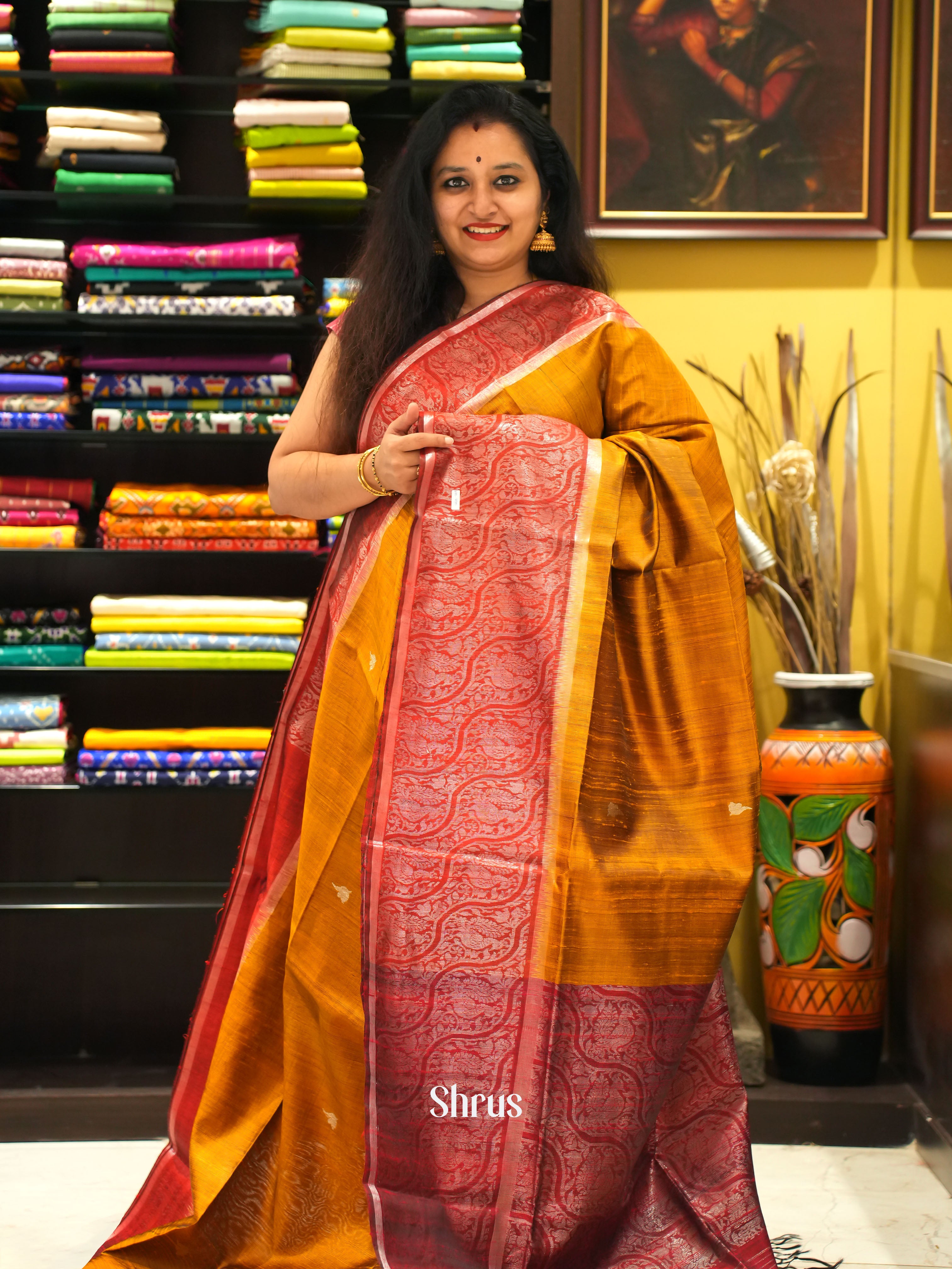 Mustard & Red - Raw Silk Saree - Shop on ShrusEternity.com