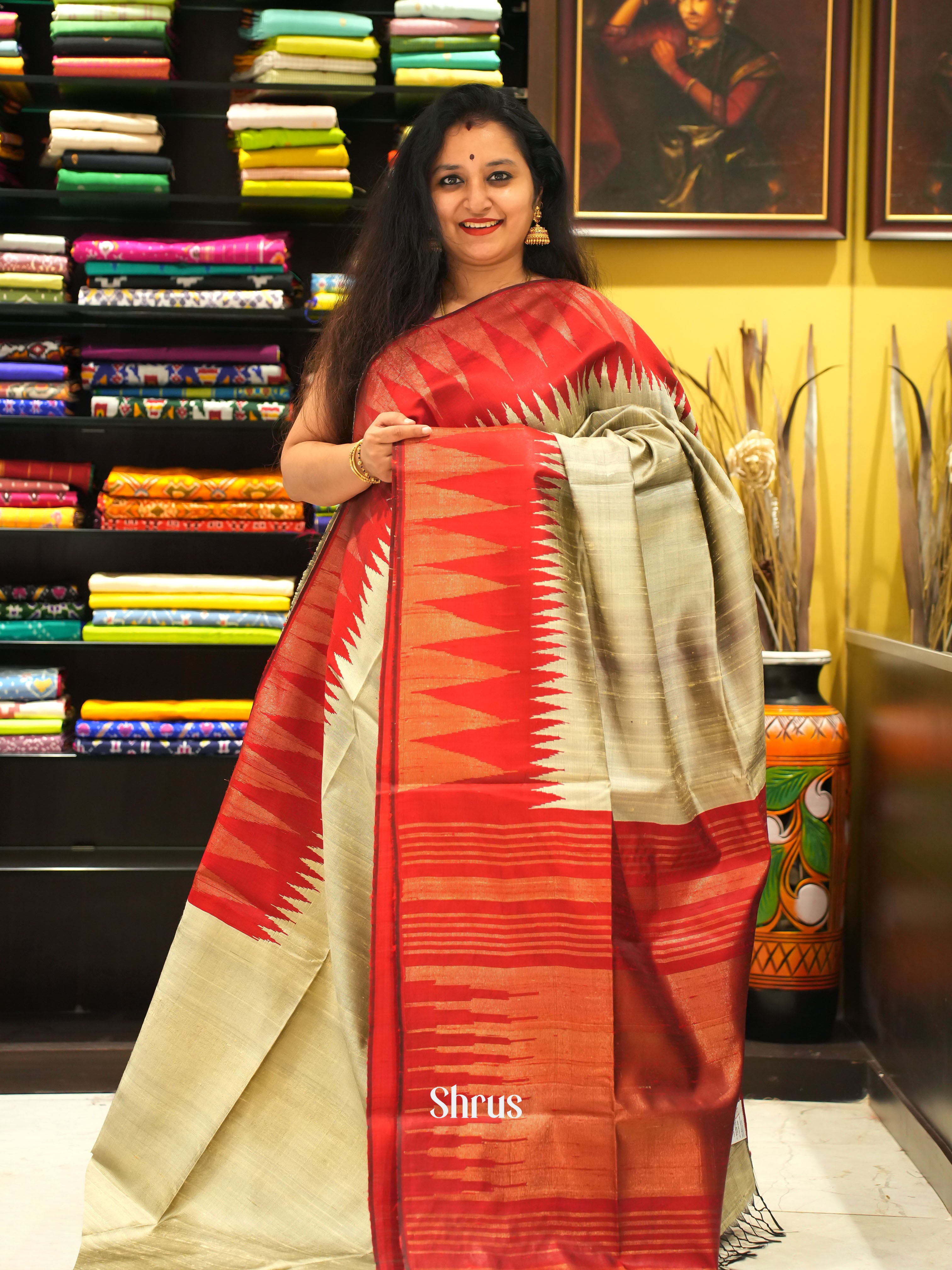 Beige & Red - Raw Silk Saree - Shop on ShrusEternity.com