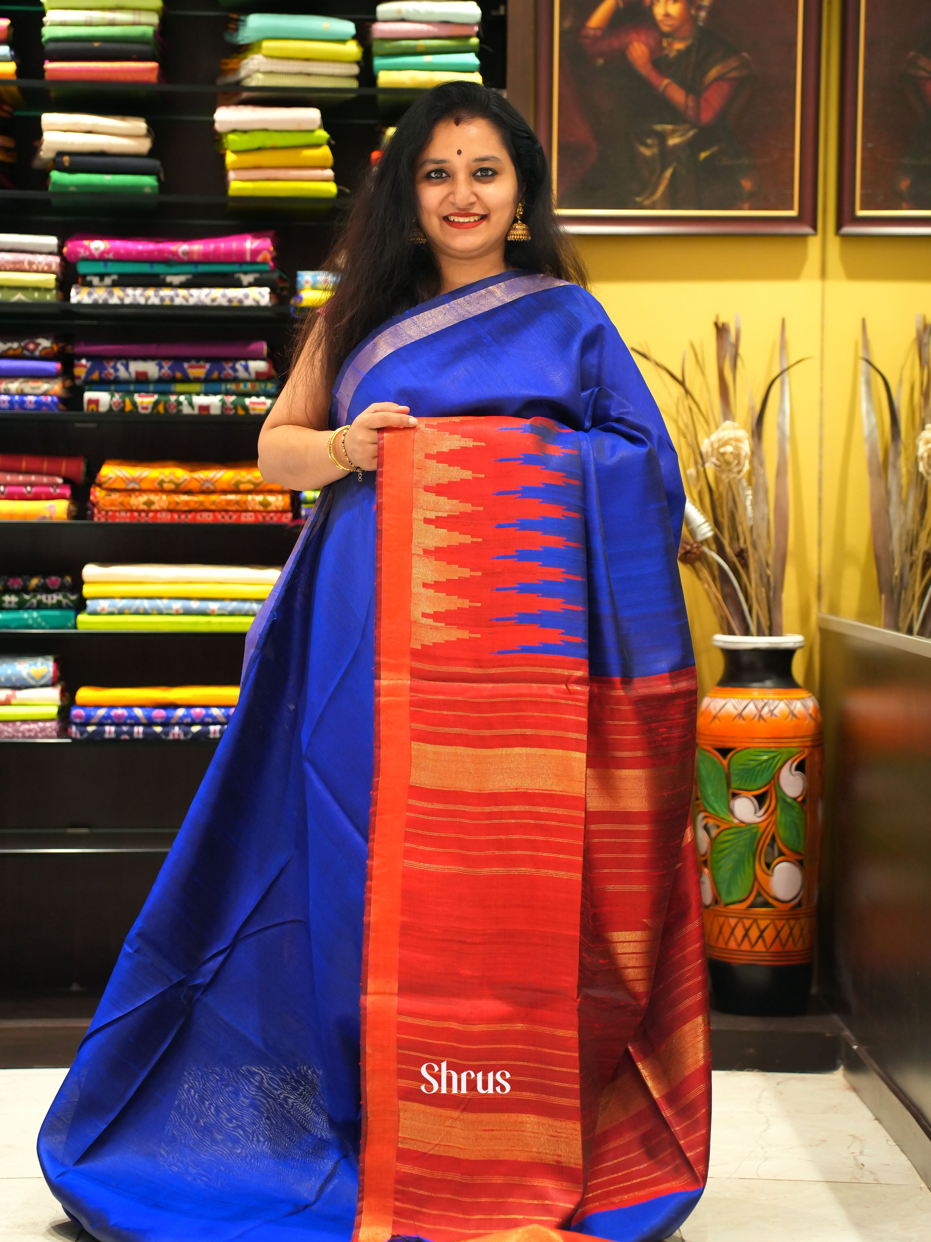 Blue & Red - Raw Silk Saree - Shop on ShrusEternity.com