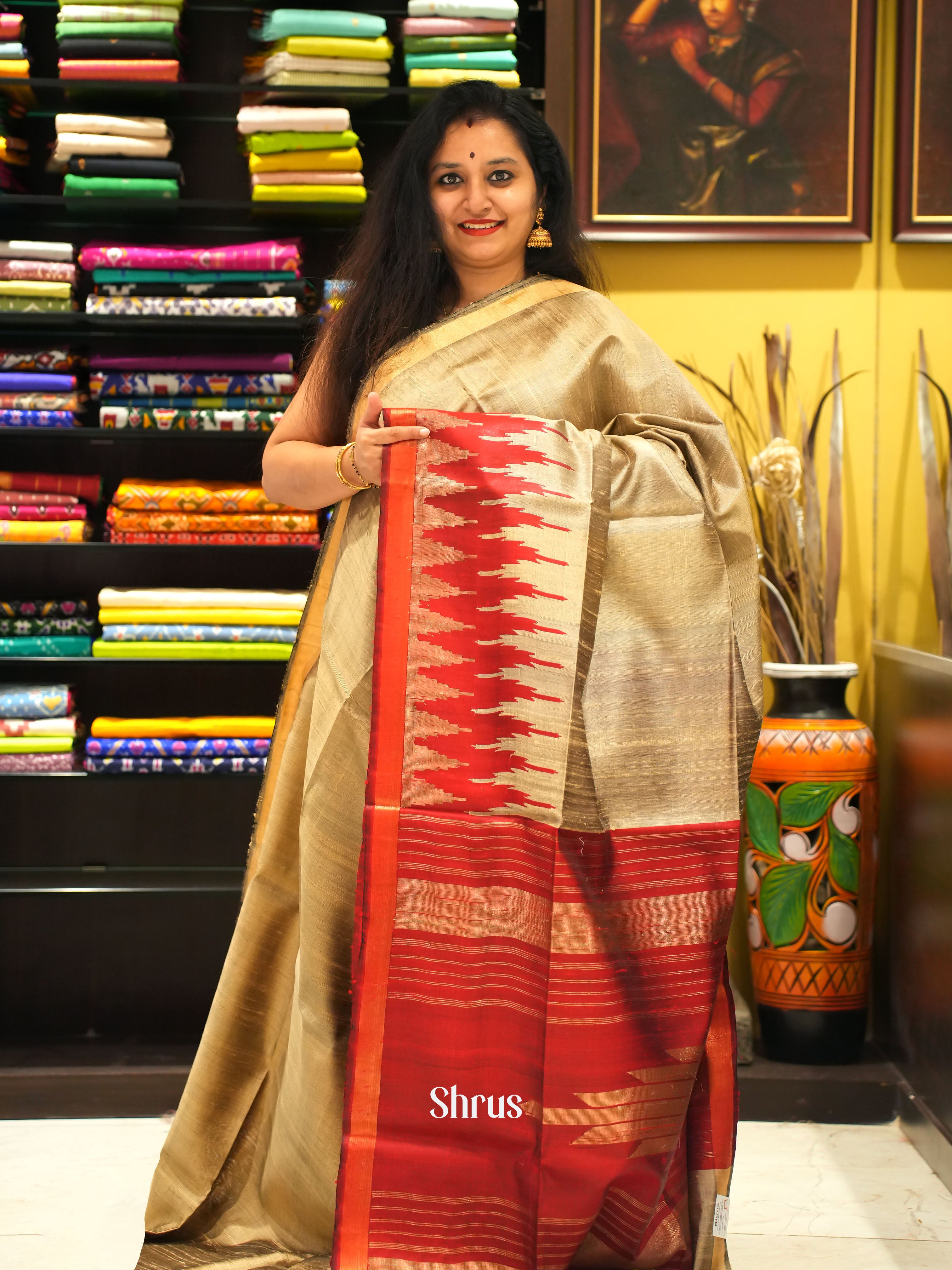 Beige & Red - Raw Silk Saree - Shop on ShrusEternity.com