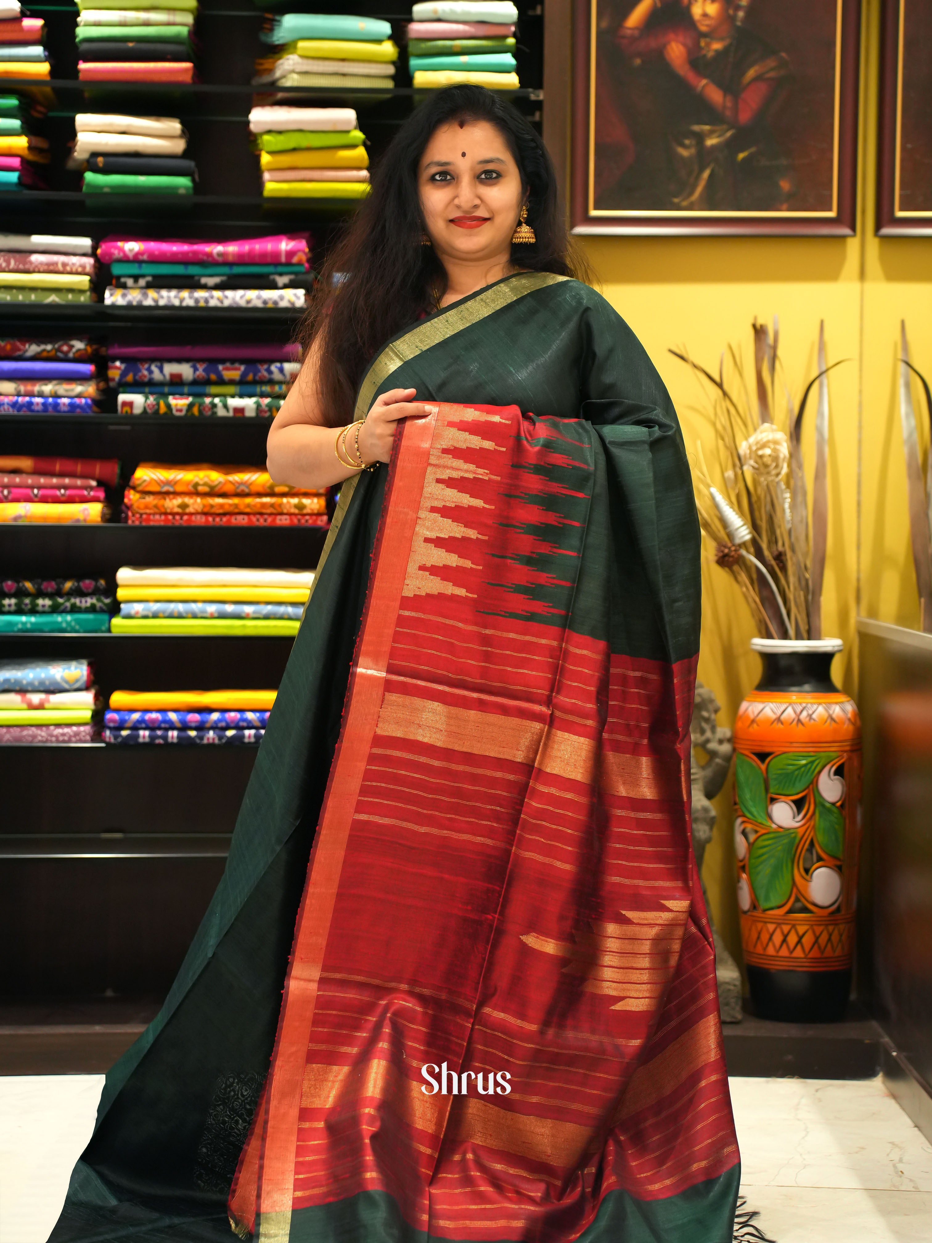 Green & Red - Raw Silk Saree - Shop on ShrusEternity.com