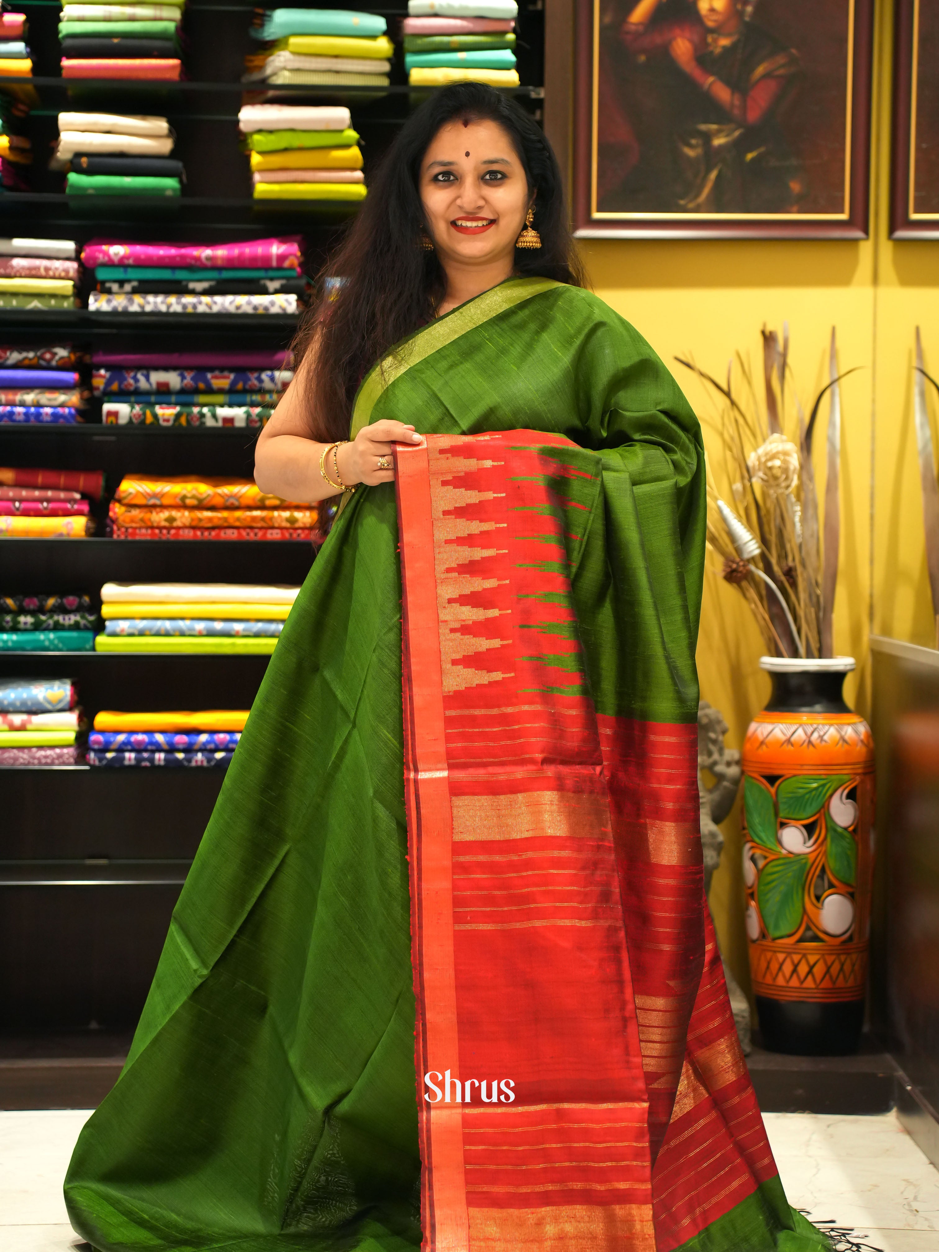Green & Red - Raw Silk Saree - Shop on ShrusEternity.com