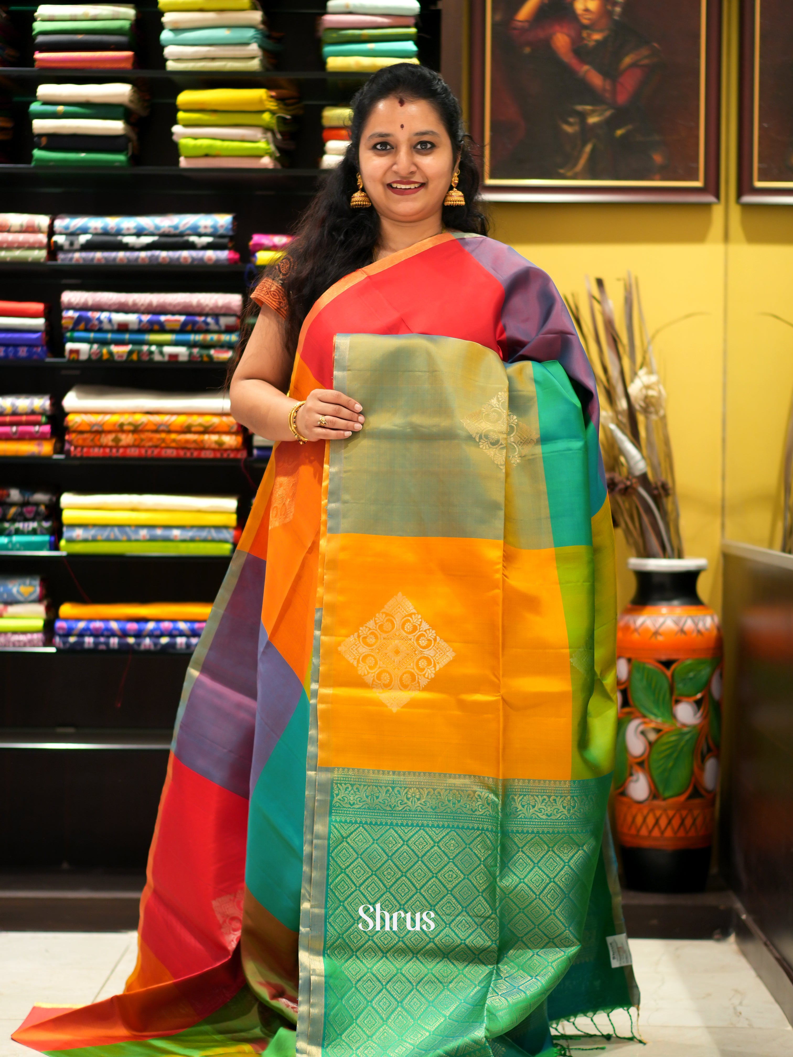 Multicolor & Green - Soft Silk Saree - Shop on ShrusEternity.com