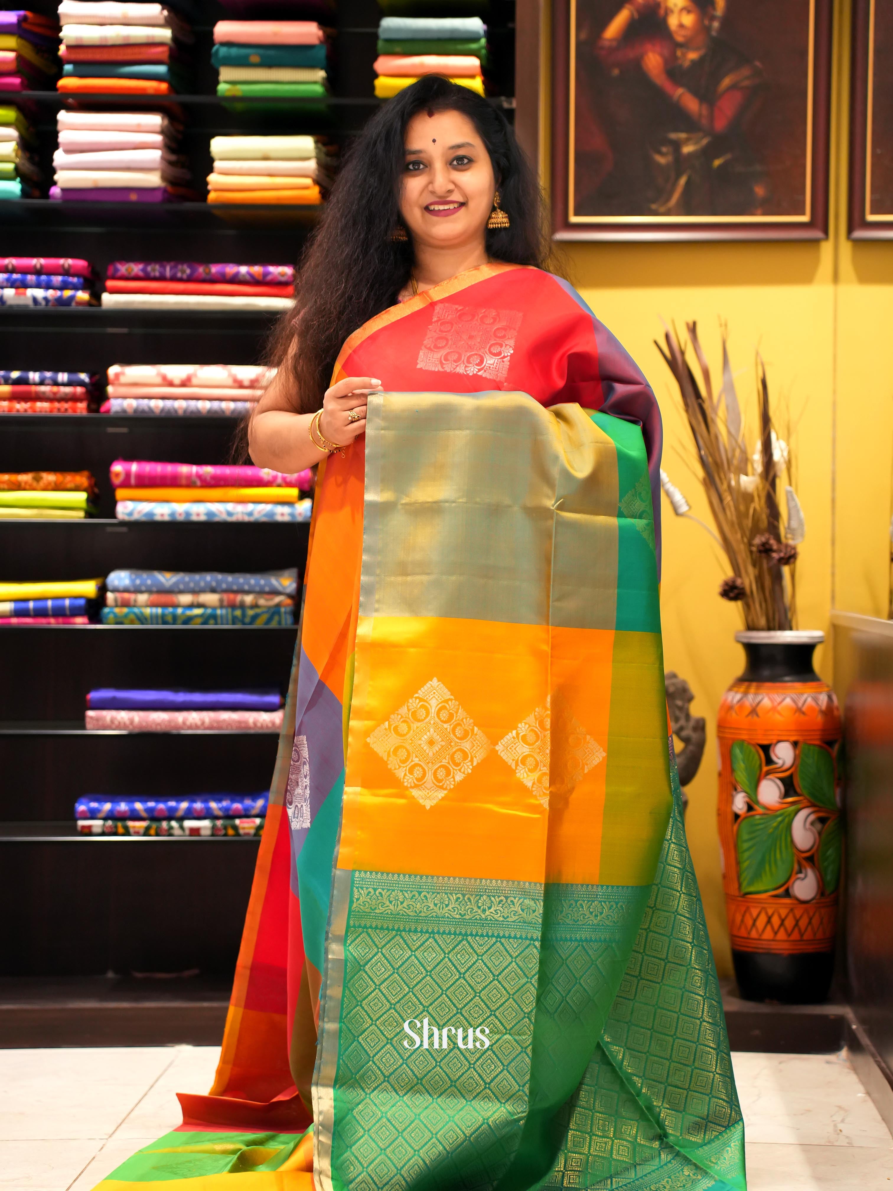 Multicolor & Green - Soft Silk Saree - Shop on ShrusEternity.com