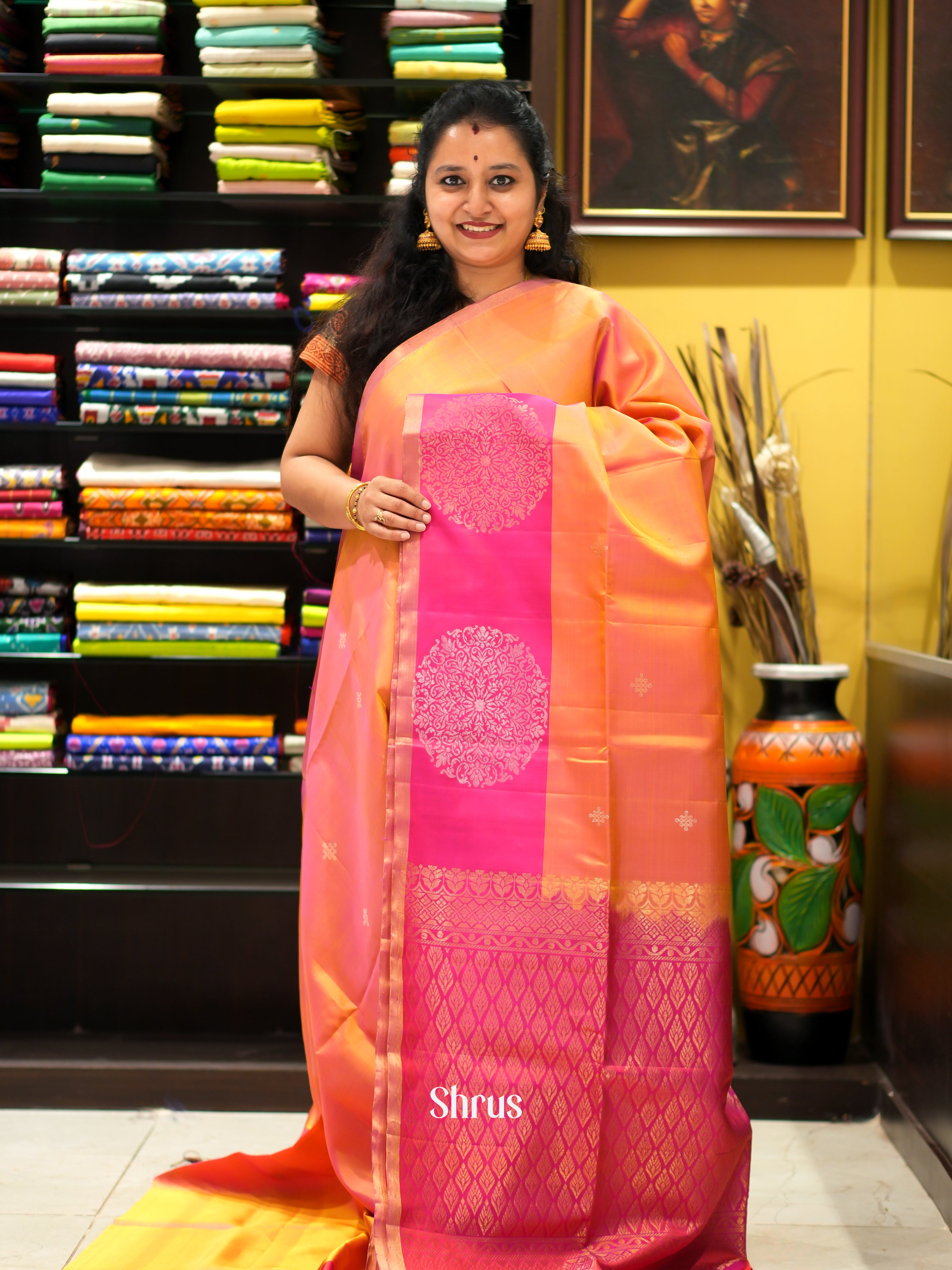 Orange & Pink - Soft Silk Saree - Shop on ShrusEternity.com