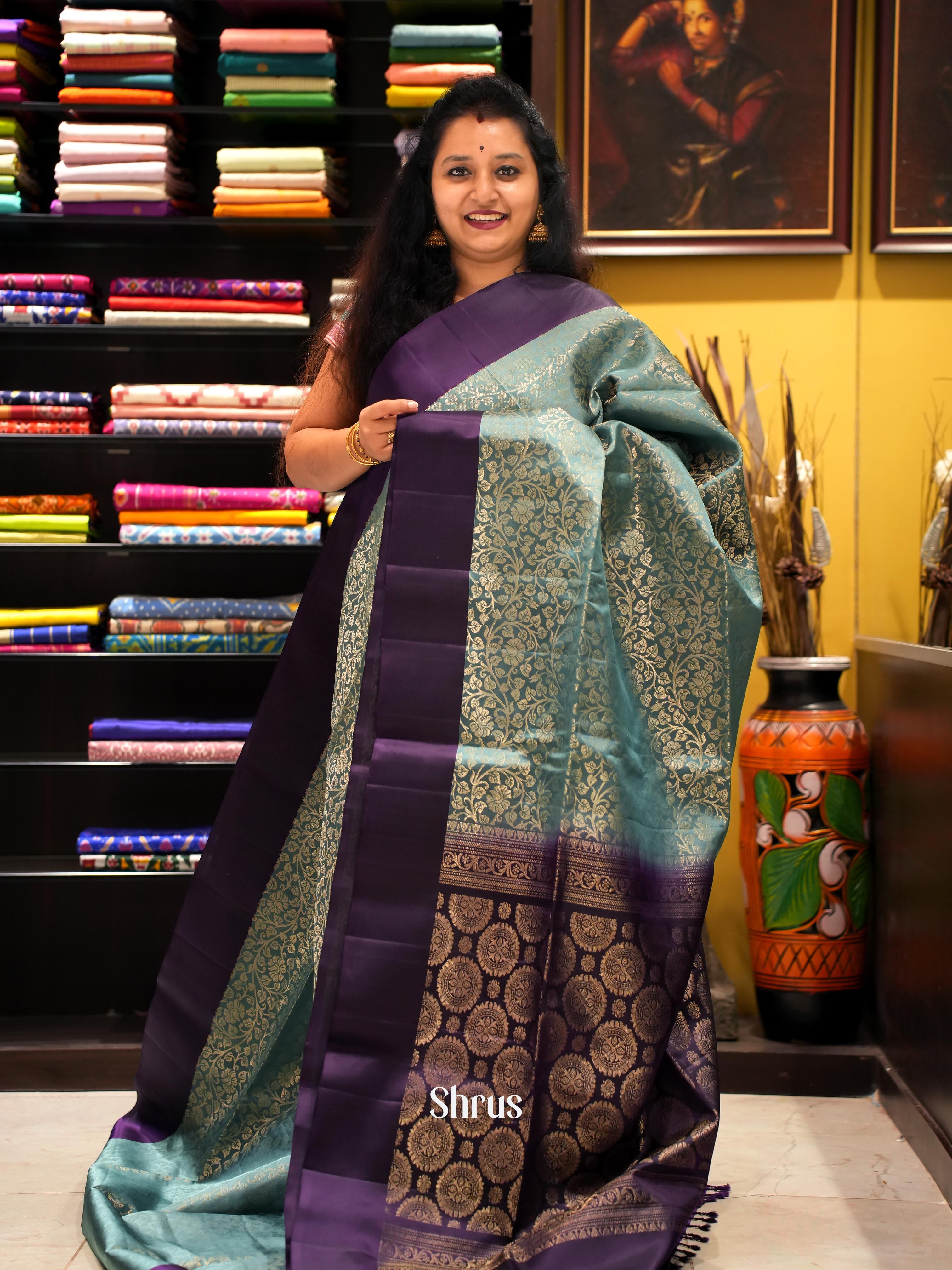 Teal & Violet - Soft Silk Saree - Shop on ShrusEternity.com