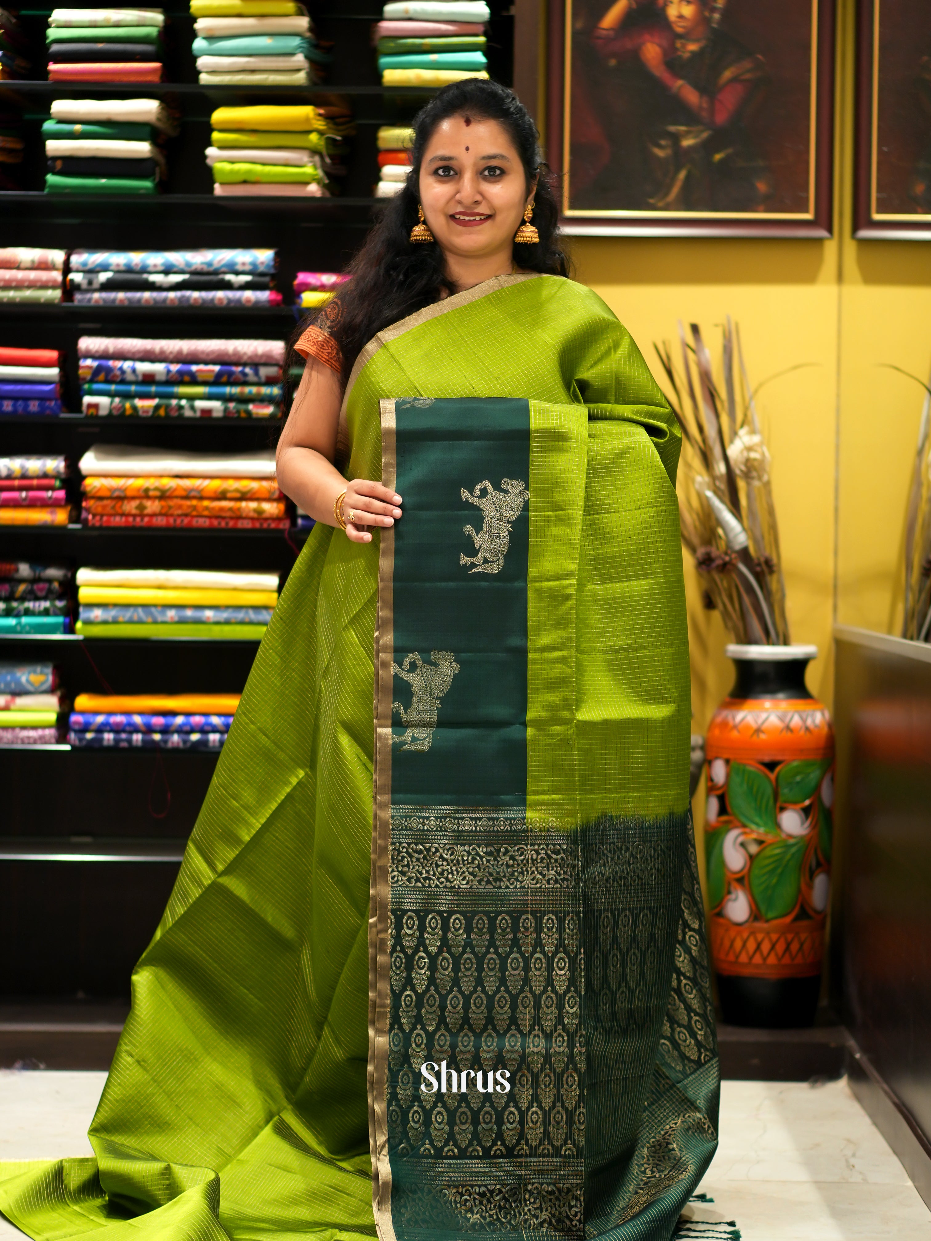Light Green & Green - Soft Silk Saree - Shop on ShrusEternity.com