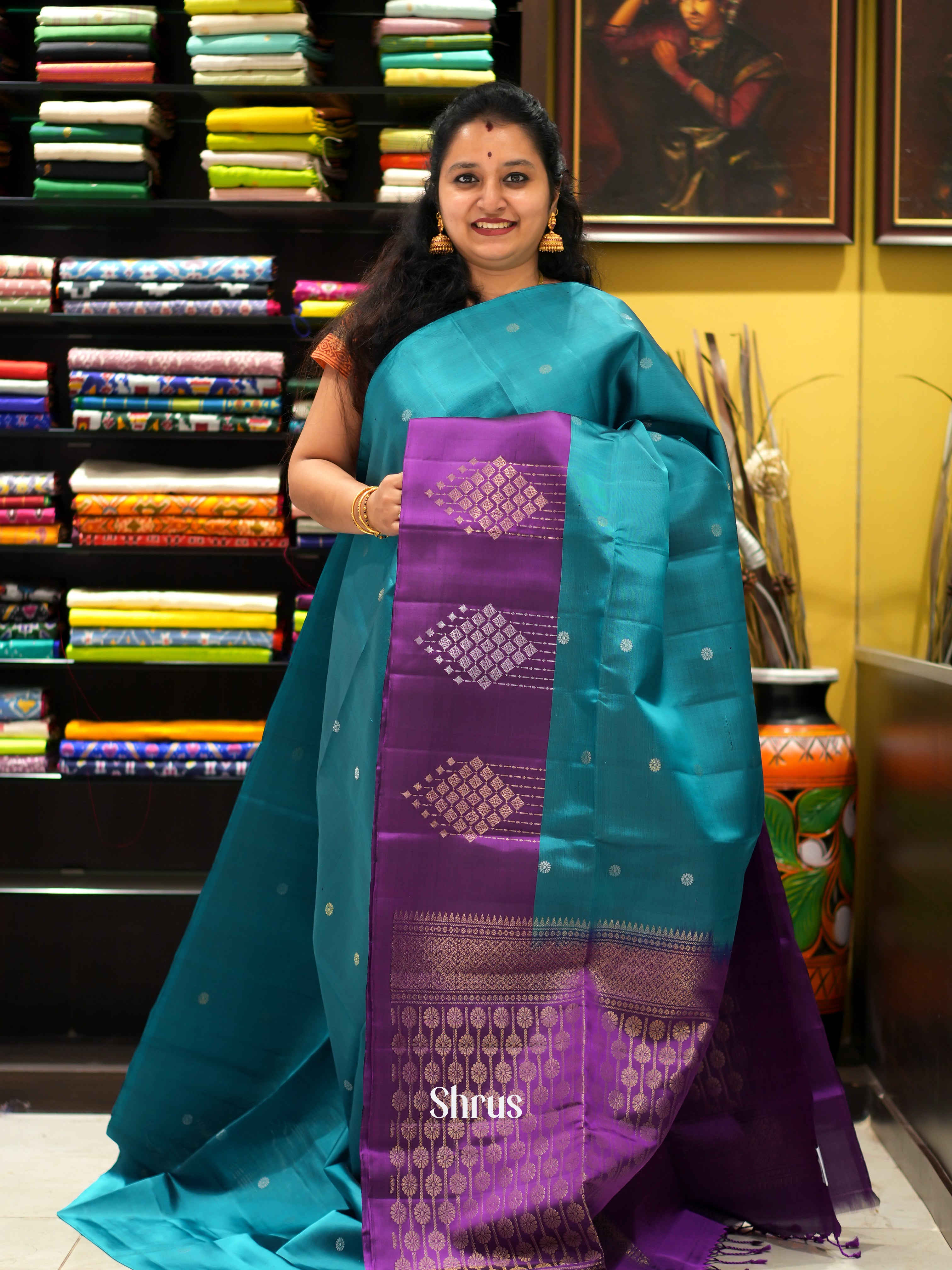 Teal & Purple - Soft Silk Saree - Shop on ShrusEternity.com