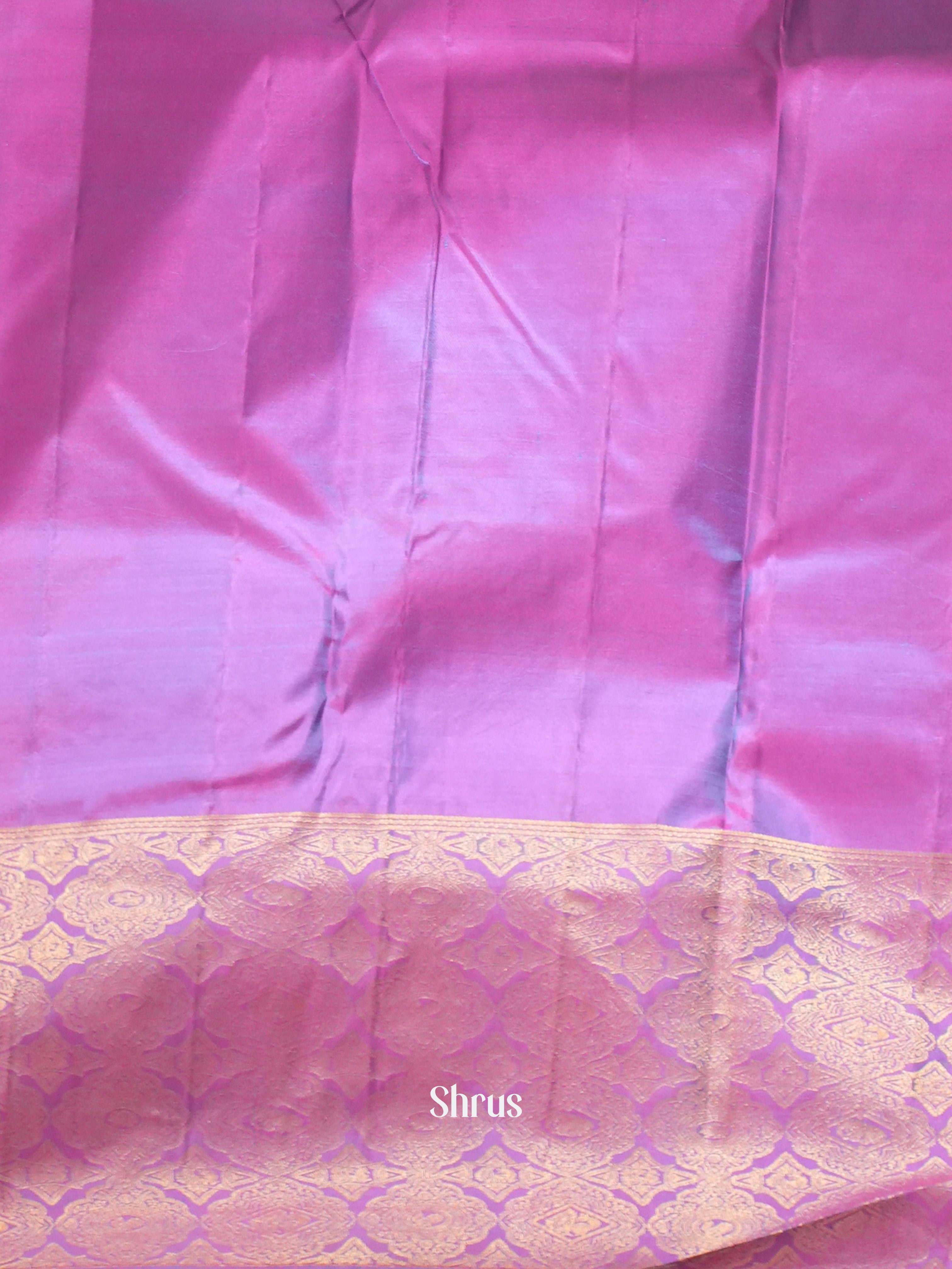 Pretty Teal and Purple Authentic Kanchipuram silk saree Featuring Zari Woven Golden Buttas-2